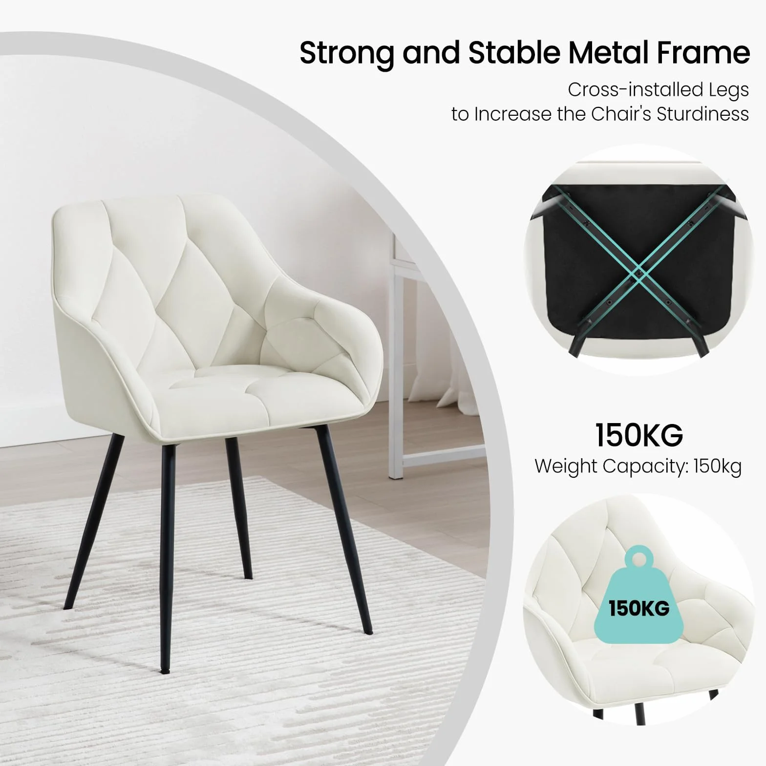 WOLTU 6 x krzesło do jadalni, kuchni, krzesło do jadalni, salonu, ergonomiczny fotel, krzesło z podłokietnikami, krzesło tapicerowane, siedzisko z aksamitu, metalowe nogi, kremowe, EZS02cm-6
