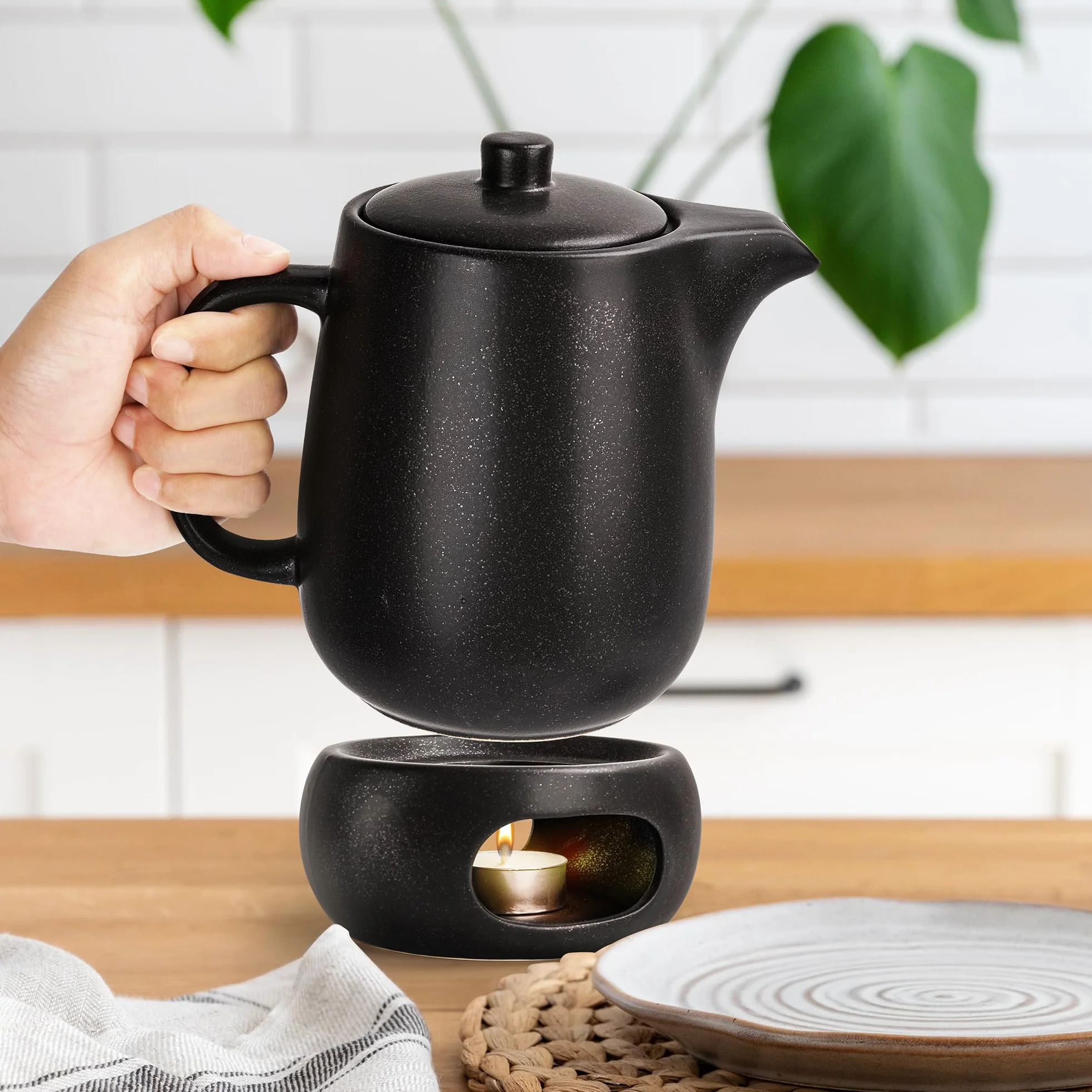 Dzbanek do herbaty z podgrzewaczem zestaw 1,134 g ceramiczny czajniczek z sitkiem duży dzbanek do herbaty z zaparzaczem do herbaty sypkiej, luksusowy zestaw do herbaty z podgrzewaczem do
