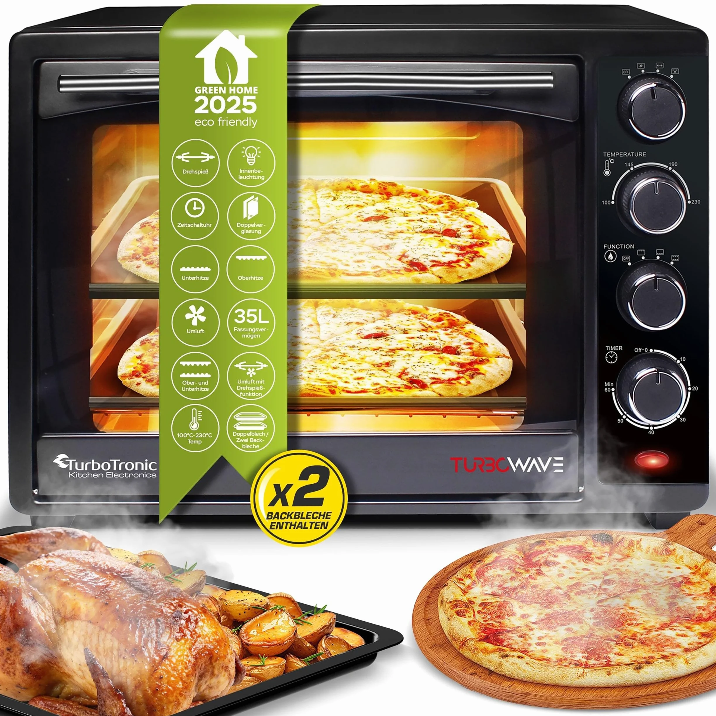 TurboTronic mini piekarnik z termoobiegiem, 35 l, czarny, 1600 W, mini piekarnik z 2 blachami do pieczenia, timer, piec do pizzy, grill