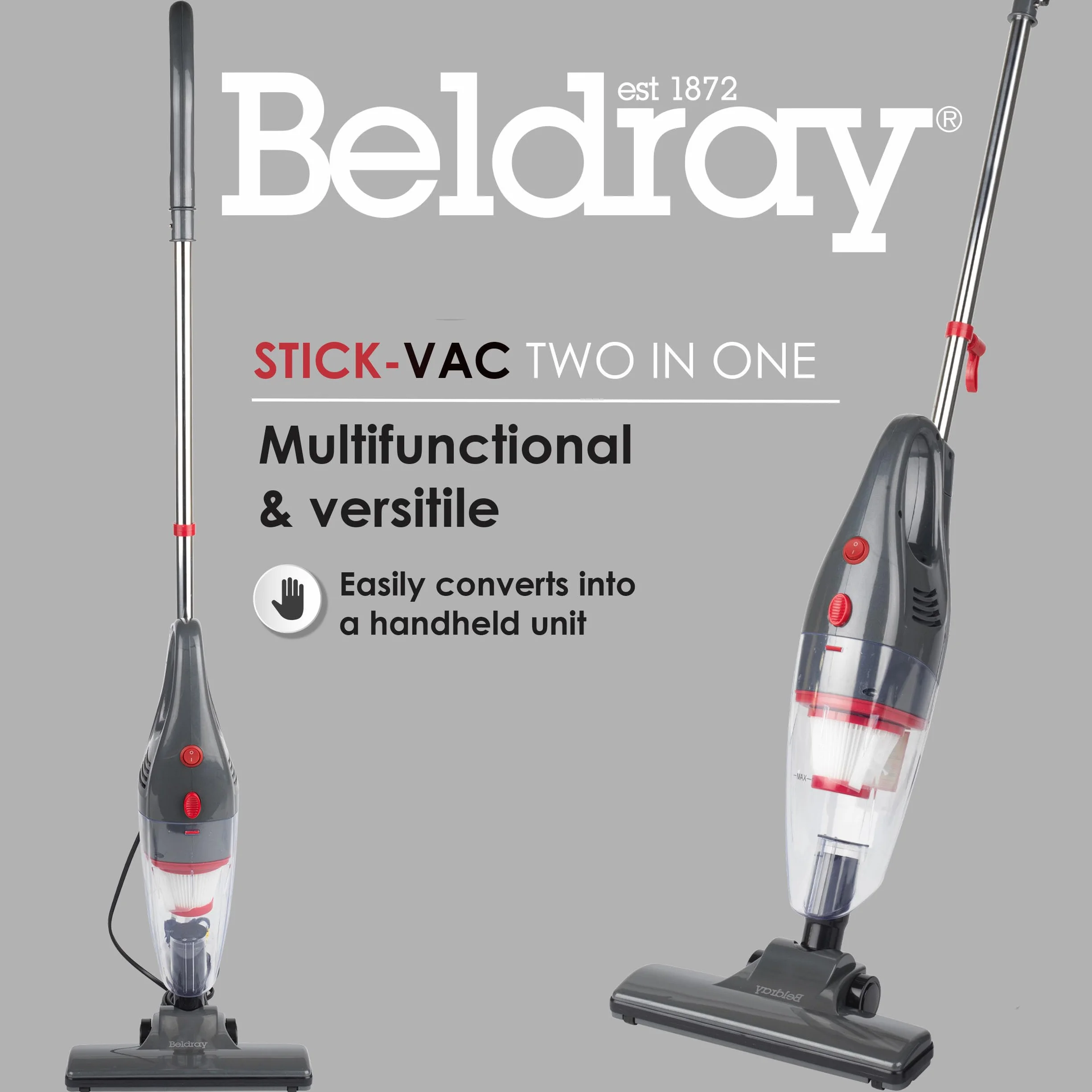Beldray BEL0770N-GRY 2-in-1 Stick Handheld Vacuum Cleaner 600W Bagless HEPA Filter Grey