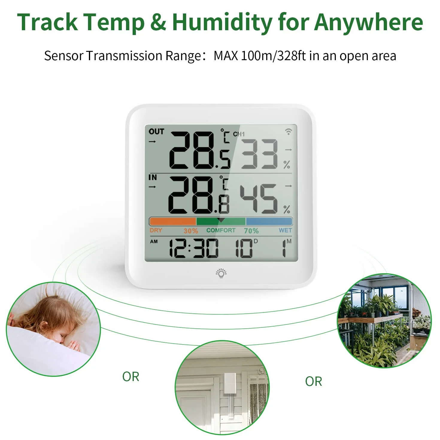 VOCOO Wireless Thermometer Indoor Outdoor Hygrometer with 1 Remote Sensors,Digital Humidity Temperature Gauge Meter Monitor with Backlit Clock Min/Max Value, ℉/℃ Air Indicator for Home, Greenhouse