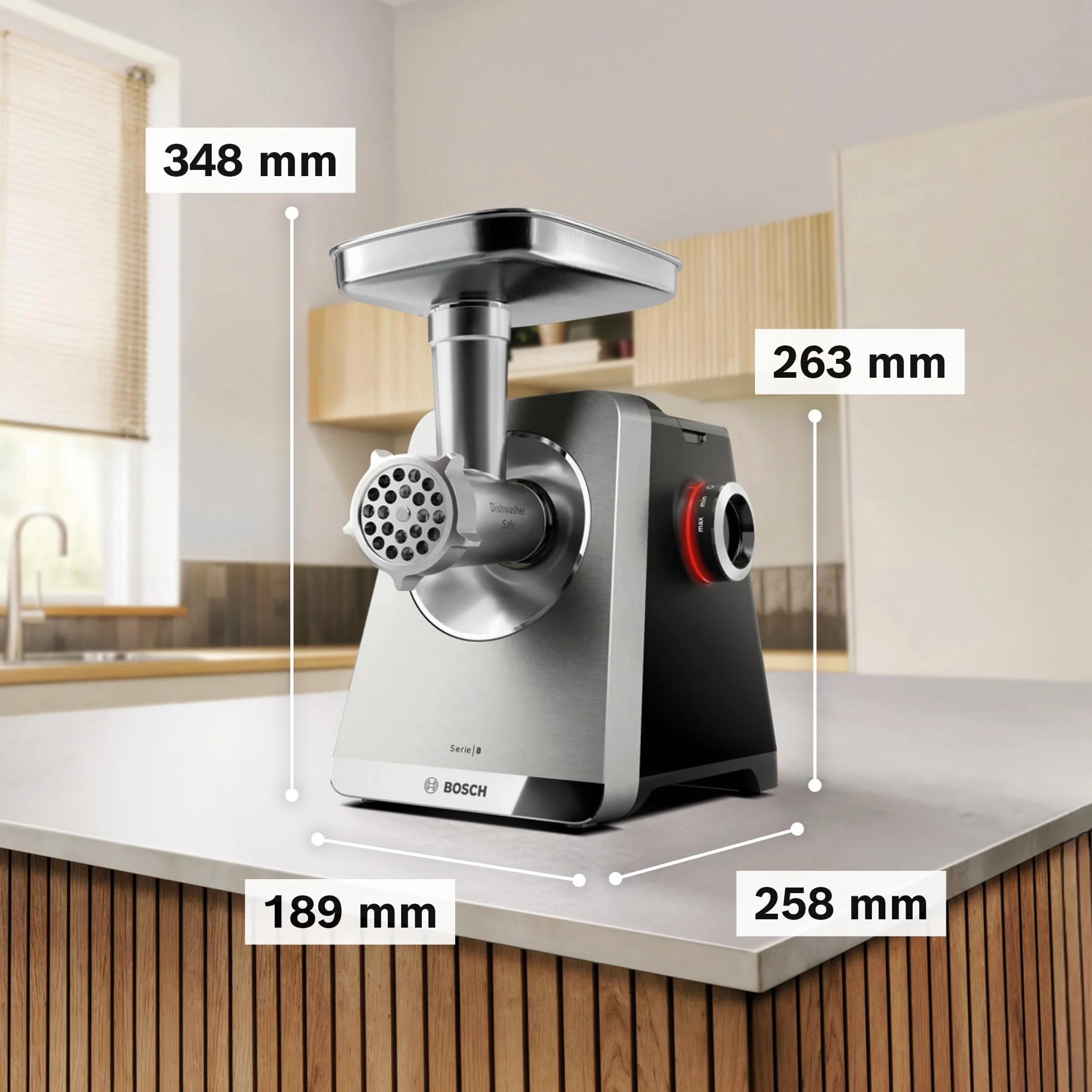 Bosch MultiPower Serie 8, maszynka do mielenia mięsa, moc blokowania silnika do 2500 W, młynek do mięsa, szatkownica, nasadka do kiełbas i kebbe, czarna, MFWS840M