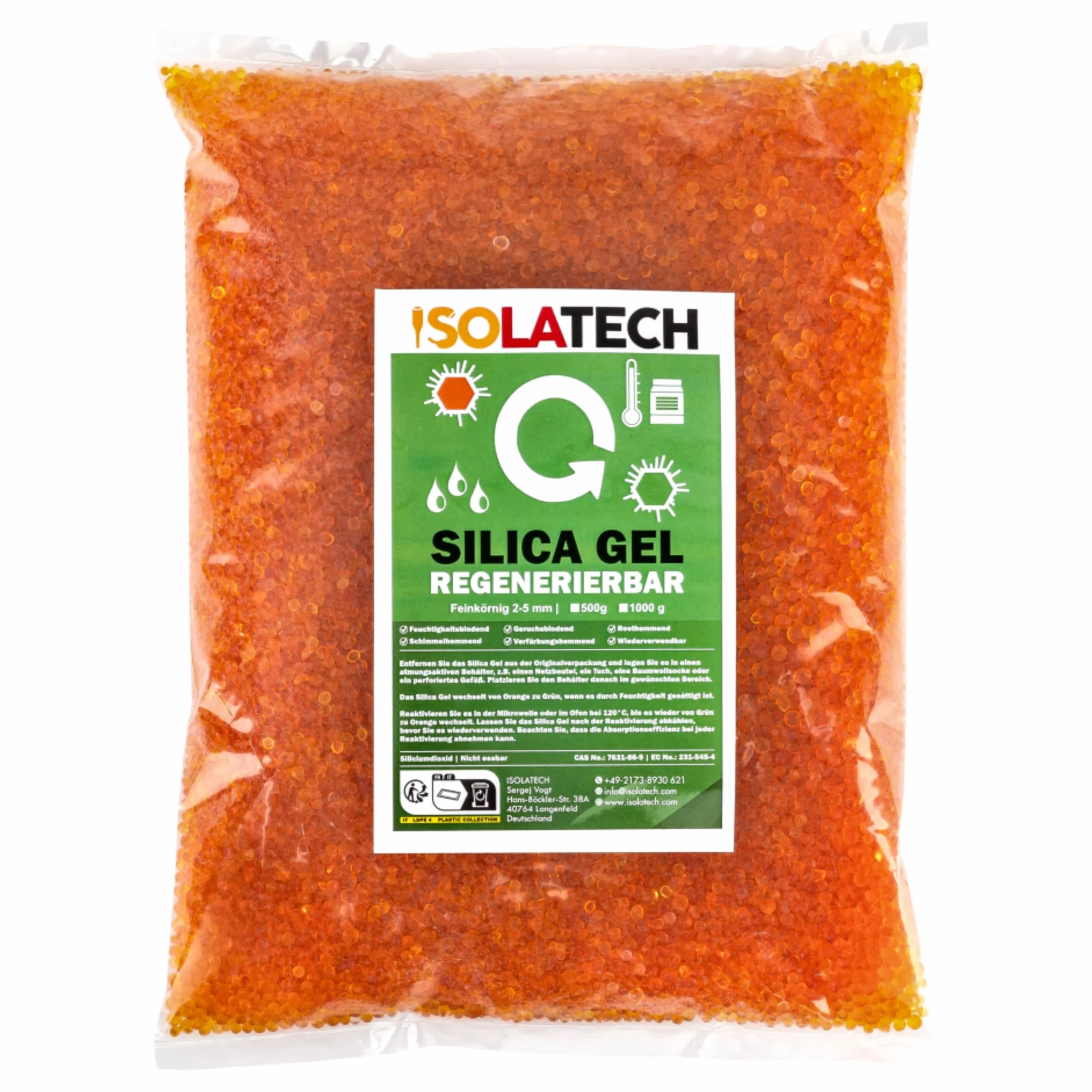 ISOLATECH Silica Gel, regenerujący środek osuszający, Żel krzemionkowy, pomarańczowy, worek 0,5 kg, Silicagel osuszacz, Nadaje się jako suszarka do filamentu