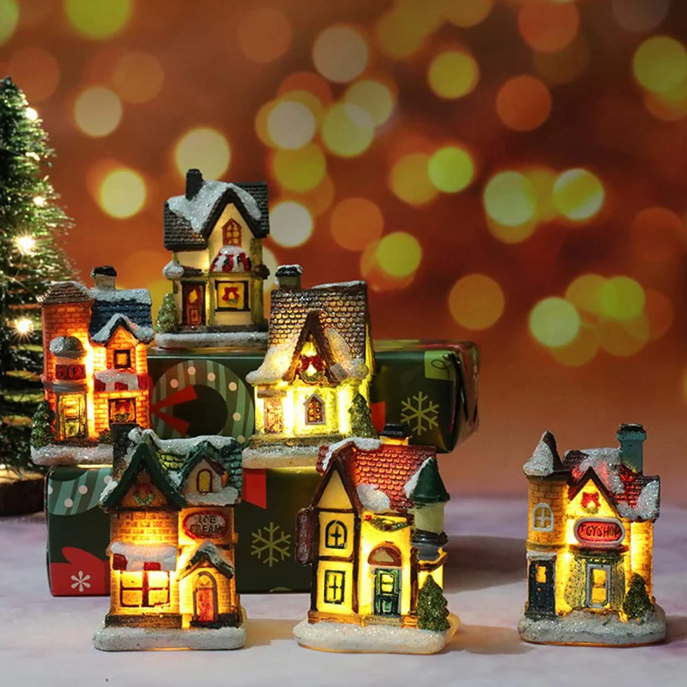 Bseical Village De Noel świecący dom świąteczny, wioska bożonarodzeniowa postać lampa wielokolorowa dekoracja bożonarodzeniowa (zestaw 6 szt., 4 x 6,5 x 9 cm)