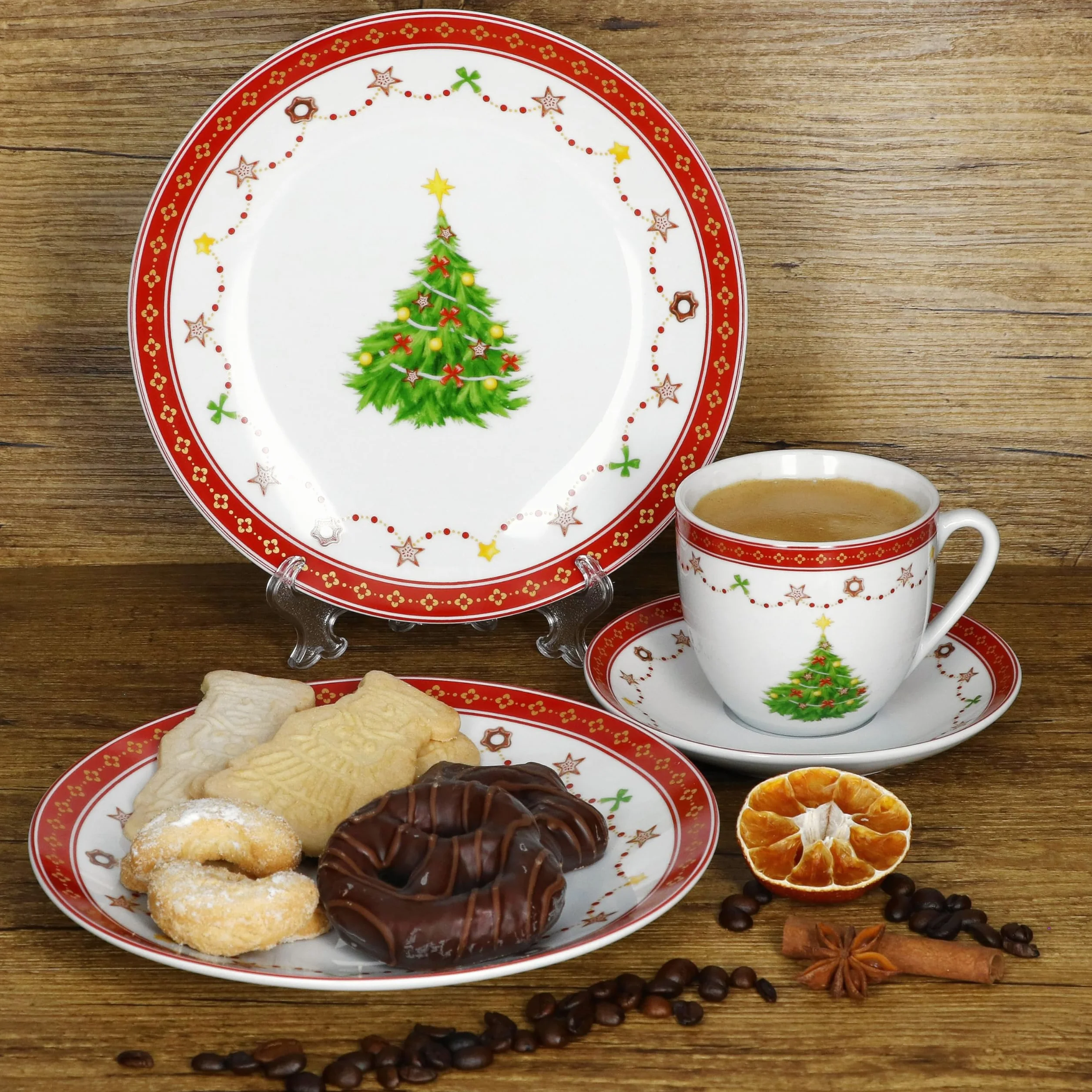 MamboCat Weihnachtstraum 18-częściowy serwis do kawy, porcelanowy zestaw do kawy dla 6 osób z dekoracją bożonarodzeniową, po 6 filiżanek do kawy 190 ml, spodki i talerze do ciasta, naczynia na Boże