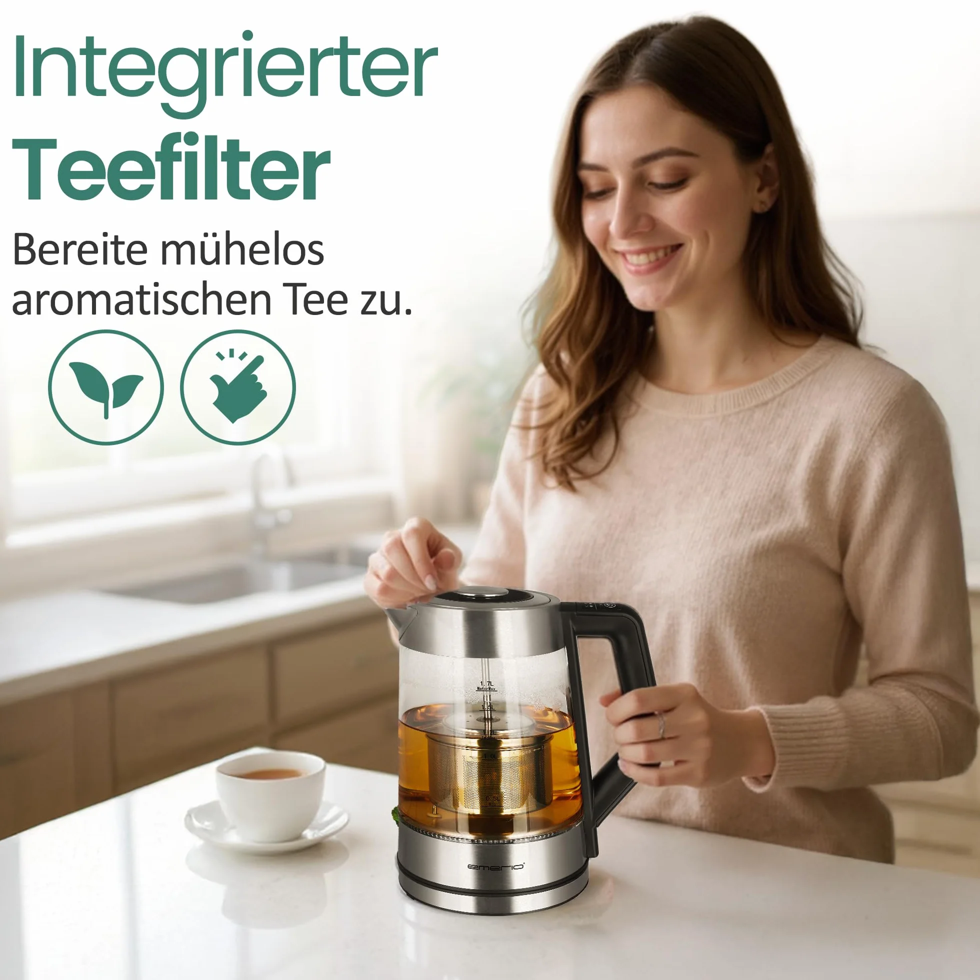 Emerio WK-122730 szklany zaparzacz do herbaty z wyborem temperatury 50-100°C, czajnik, sitko ze stali nierdzewnej, szkło borokrzemowe, BPA free