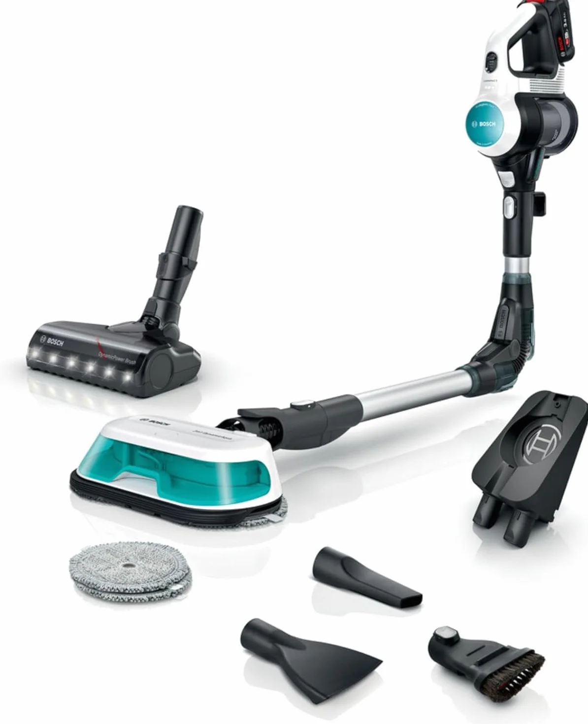 Bosch Unlimited 7 ProHygienic Aqua, Odkurzacz Bezprzewodowy 2w1 z Funkcją Mycia, DynamicAqua Mop, Elektroszczotka do Wszystkich Podłóg, Kolor Biały, BCS71HYG2
