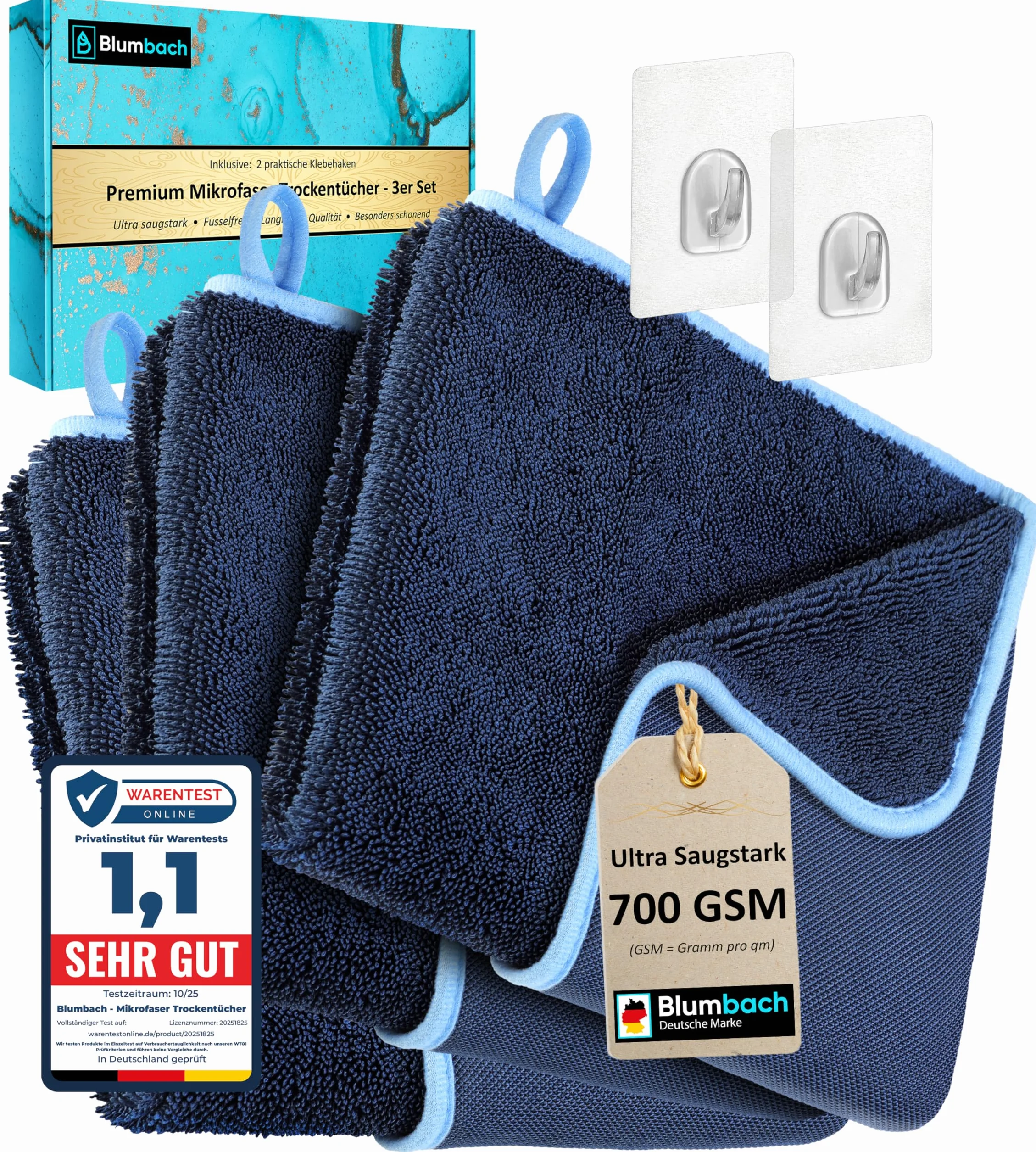 BLUMBACH® Ultra Wipes zestaw 3 ściereczek 700 GSM 40 x 40 cm, bardzo chłonna ściereczka do kabiny prysznicowej, w zestawie 2 haczyki samoprzylepne, ściereczki do czyszczenia, Fastdry, niemiecka marka
