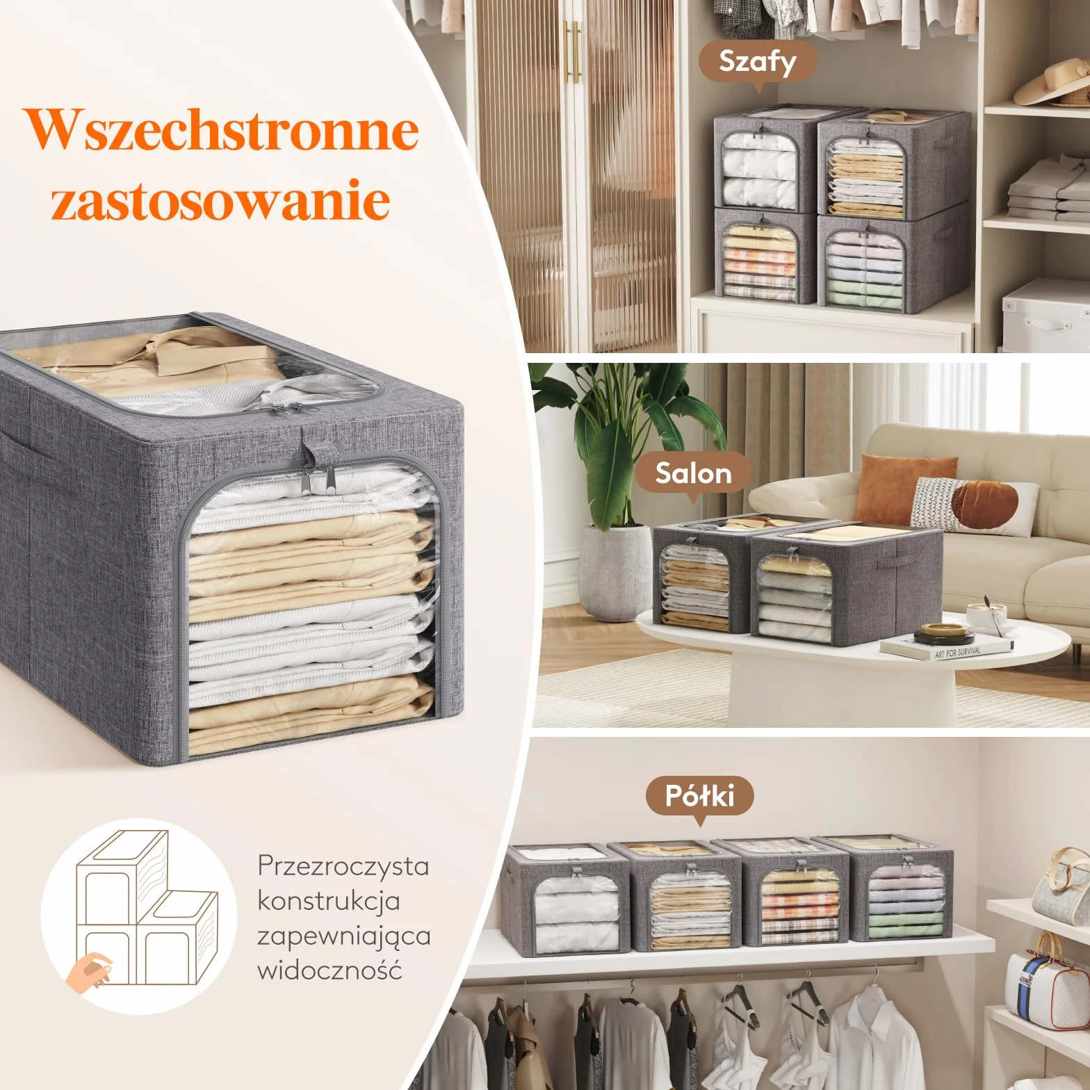 Lifewit 4 pojemników do przechowywania z metalową ramą, składane pojemniki do przechowywania, 40-litrowe torby do przechowywania z przezroczystym okienkiem＆ zamki błyskawiczne, solidne uchwyty