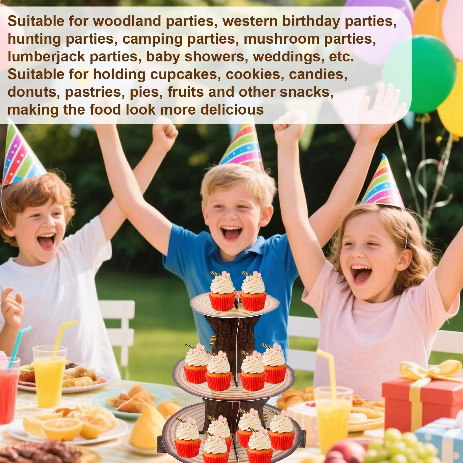 Drewniany Stojak Babeczki, 3-Poziomowy Rustykalny Kartonowy Stojak na Babeczki Las Wieża Trzymania Ciasta Drzewo do Dekoracji Baby Shower Leśnych Akcesoria Przyjęcie Urodzinowe Safari