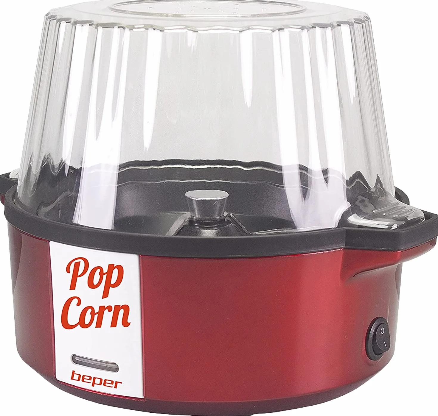 BEPER P101CUD050 Maszyna do popcornu, popcorn, powłoka nieprzywierająca, gotowanie na masło/oleju, stalowa łopata obrotowa, pokrywa zamienia się w miskę, łyżka w wyposażeniu, czerwona