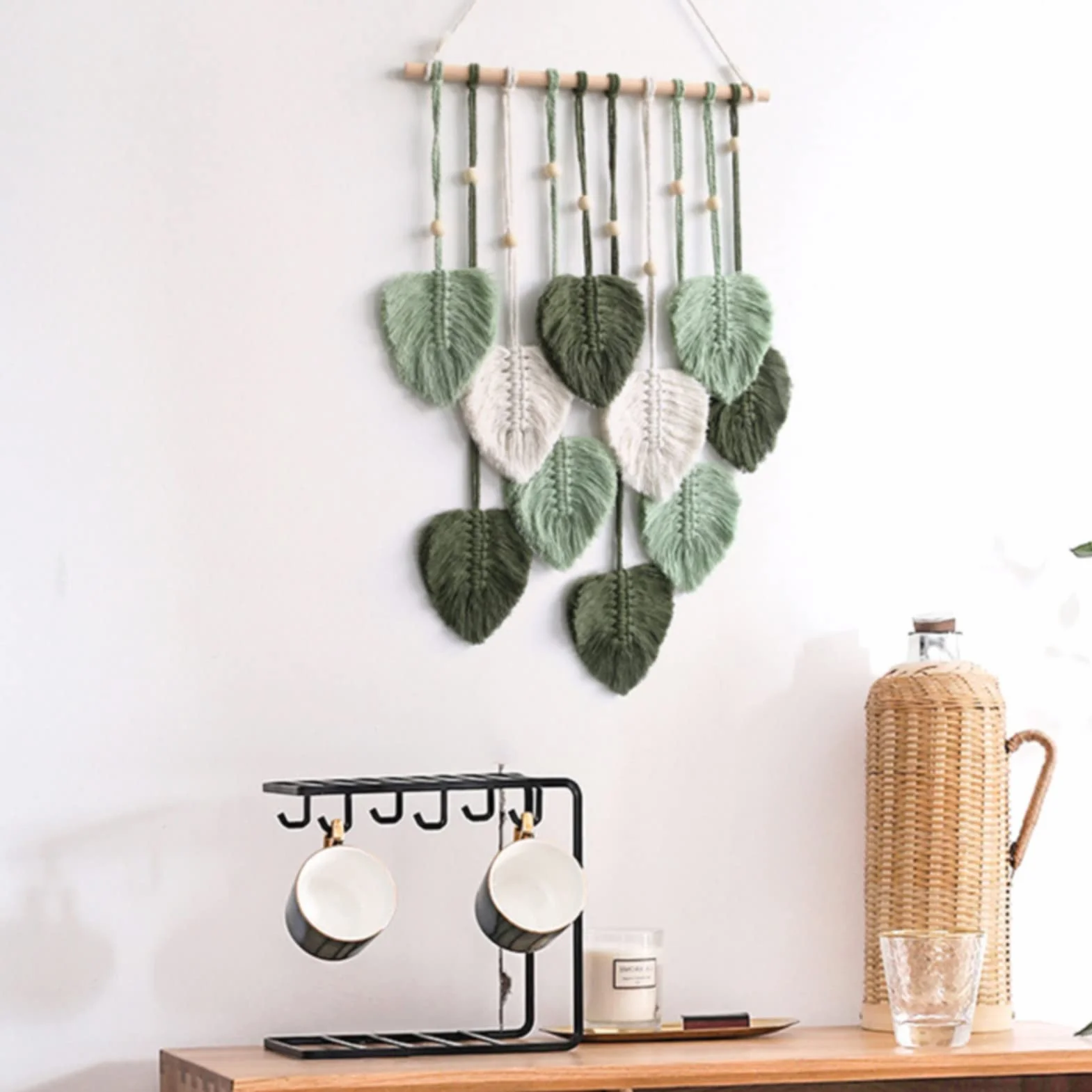 EXQUILEG Makrama, ozdoba na ścianę, ręcznie robiona, dekoracja mieszkania, styl boho, makrama, tkana ozdoba ścienna, liść, pióra, dekoracja ścienna (zieleń wojskowa)