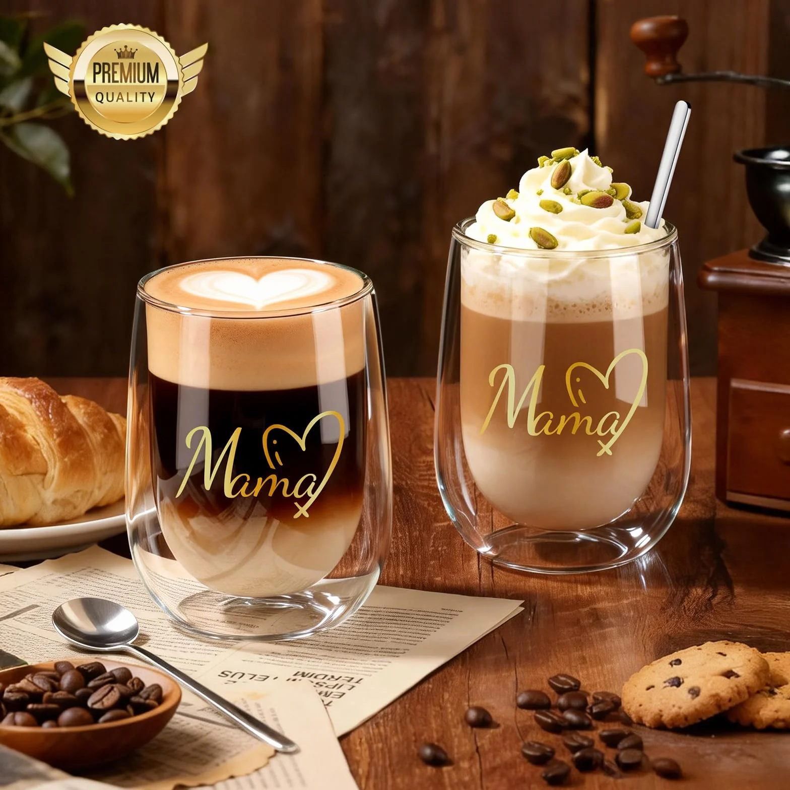 glastal Szklanki do latte macchiato Premium zestaw 2 szt. | MAMA | bez wysuszonego otworu - szklanki do kawy o podwójnych ściankach 350 ml, szklanki do kawy, na prezent dla mamy, na urodziny, Dzień