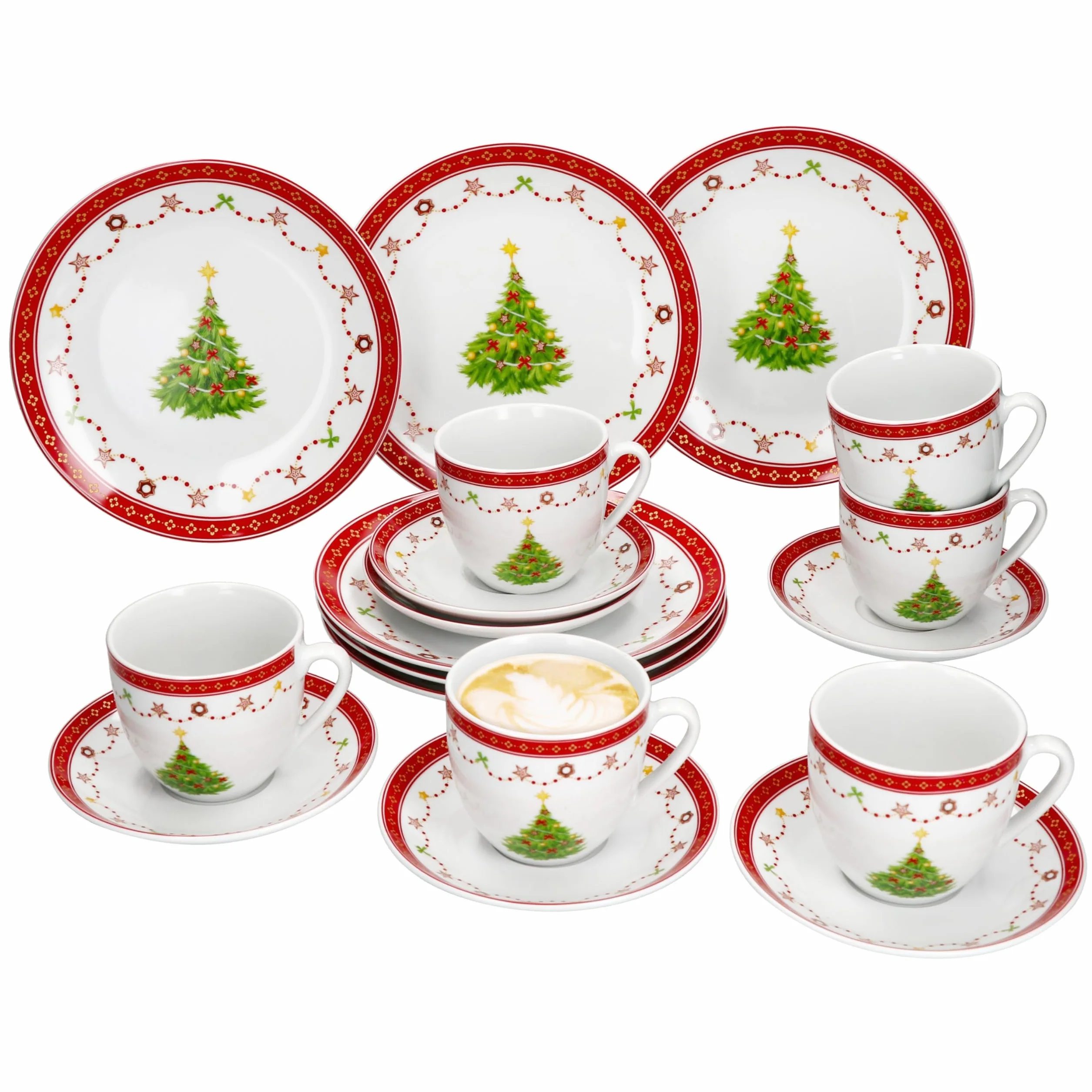 MamboCat Weihnachtstraum 18-częściowy serwis do kawy, porcelanowy zestaw do kawy dla 6 osób z dekoracją bożonarodzeniową, po 6 filiżanek do kawy 190 ml, spodki i talerze do ciasta, naczynia na Boże