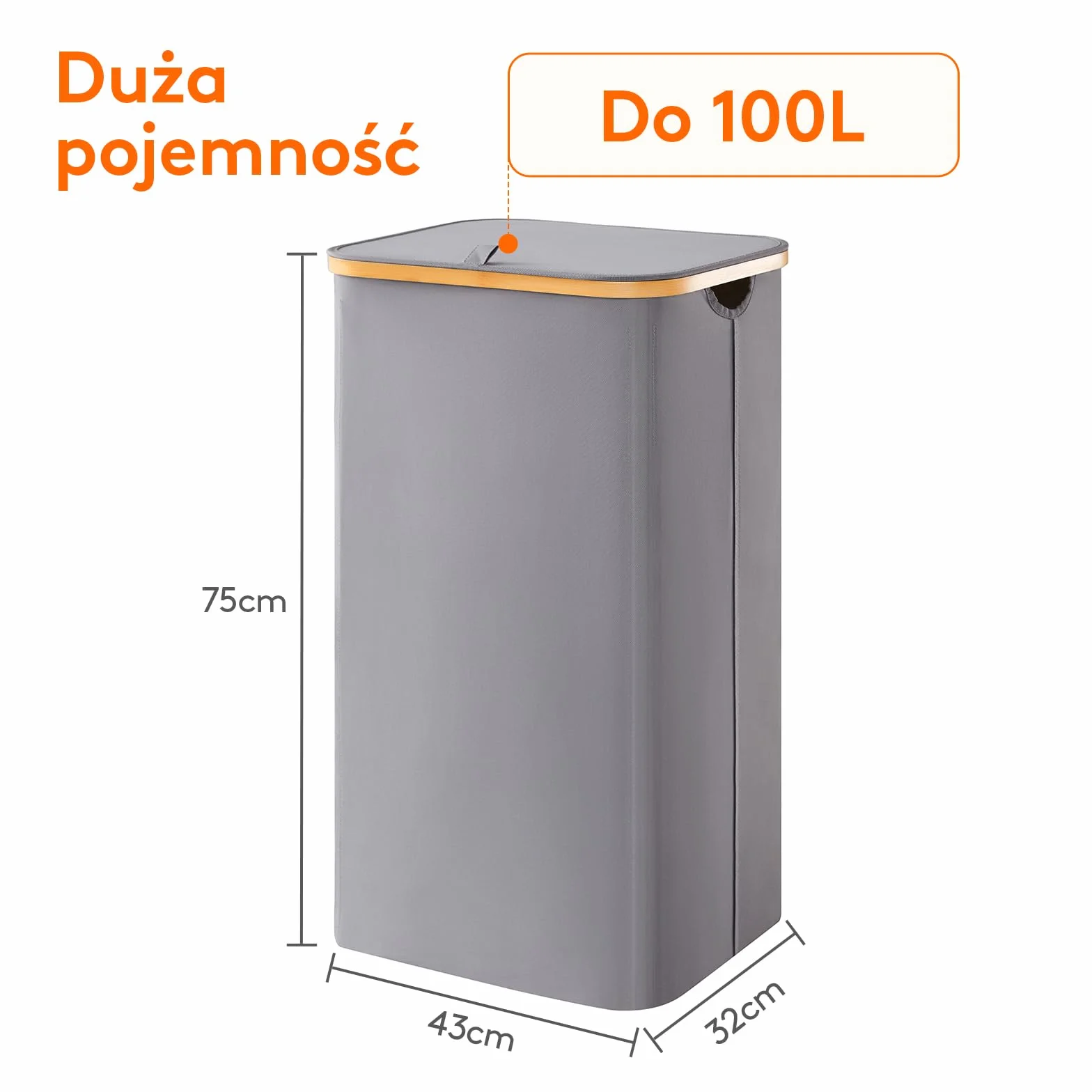 Lifewit 100L Kosz na pranie z pokrywką, koszyk na brudne ubrania z bambusowymi uchwytami i wyjmowana torbą, duży składany koszyk do prania do sypialni, łazienki, sali studenckiej, pralni, szary
