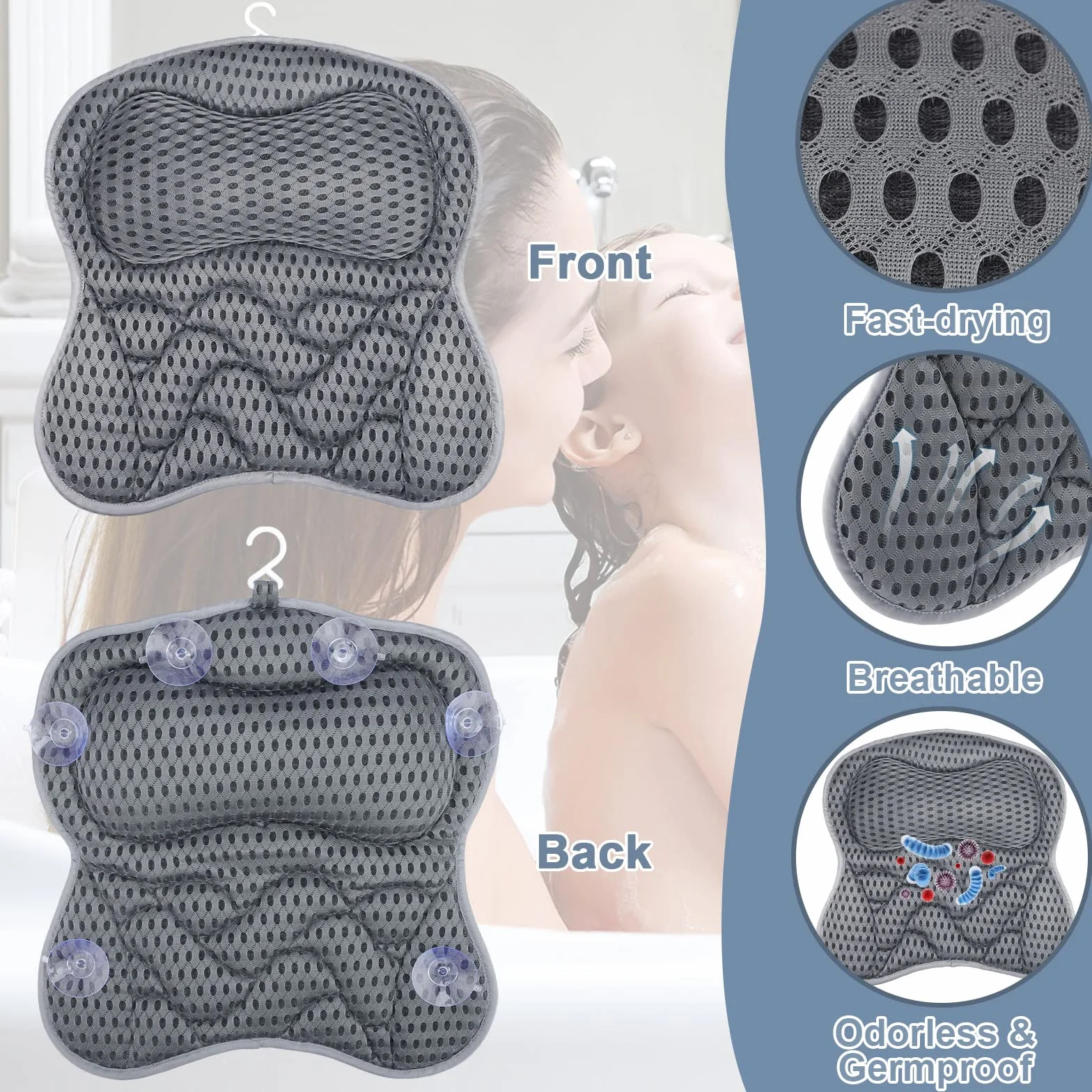 Poduszka do wanny Frasheng z przyssawkami, poduszka do wanny Oddychająca siatka powietrzna 4D, poduszka do kąpieli na relaks szyi i pleców, ergonomiczna poduszka do wanny na szyję, poduszka do kąpieli spa, szara