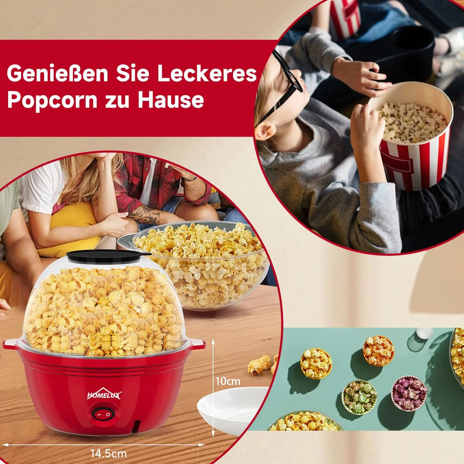 HOMELUX Maszyna do popcornu 450 W, z miarką z powłoką zapobiegającą przywieraniu, do domu, na imprezę, dla dzieci, pokrywka jako miska do serwowania, cicha i szybka czerwień