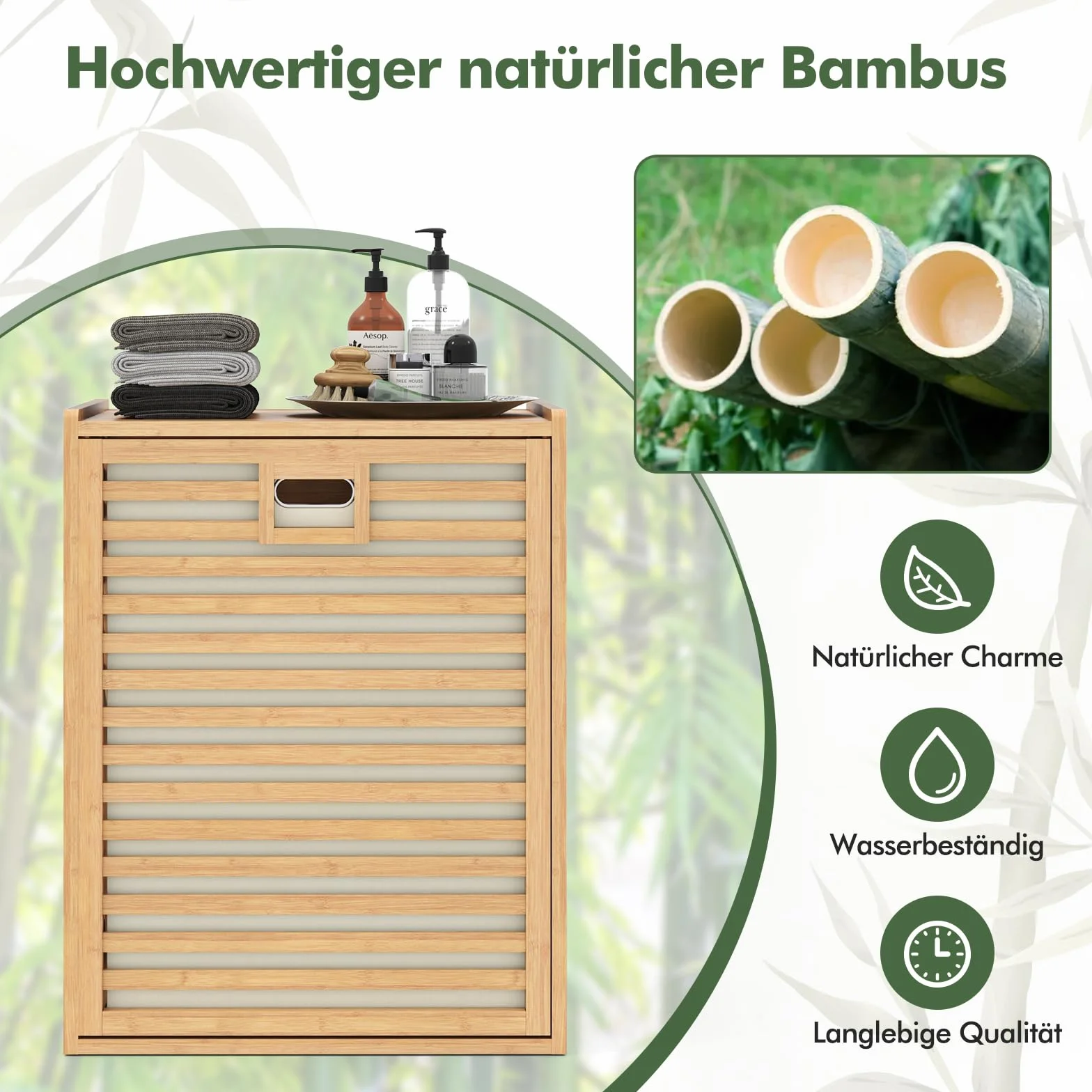 COSTWAY Regał łazienkowy z koszem na pranie 68 l bambusowy 50x35x64 naturalny
