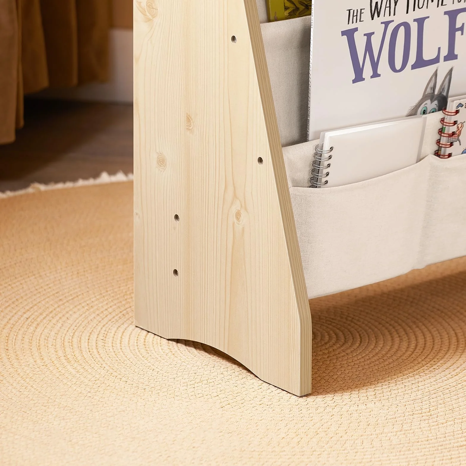 SoBuy Montessori KMB50-N regał na książki, do pokoju dziecięcego, z 4 przegródkami z materiału, do przechowywania zabawek i książek, regał dziecięcy, z wachlarzem wiszącym, naturalny, 63 x 76 x 28 cm