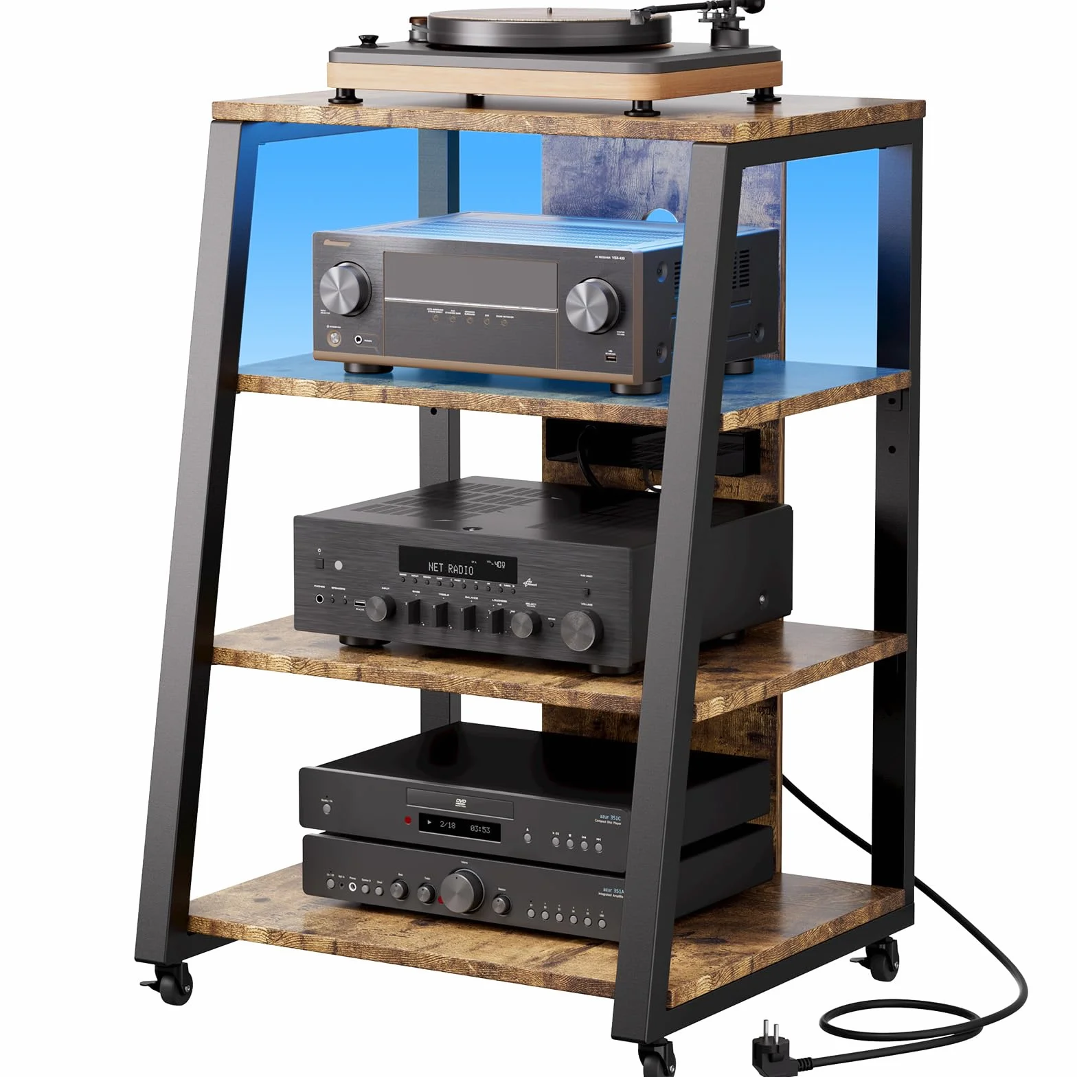 Lifewit 4-Poziomowy Stojak Multimedialny AV z gniazdami, Półkami Stereo z Oświetleniem LED, Kółkami i Regulowanymi Gramofony, Rolowana Konsola Szafka wieżę Multimedialną, Brązowy Rustykalny