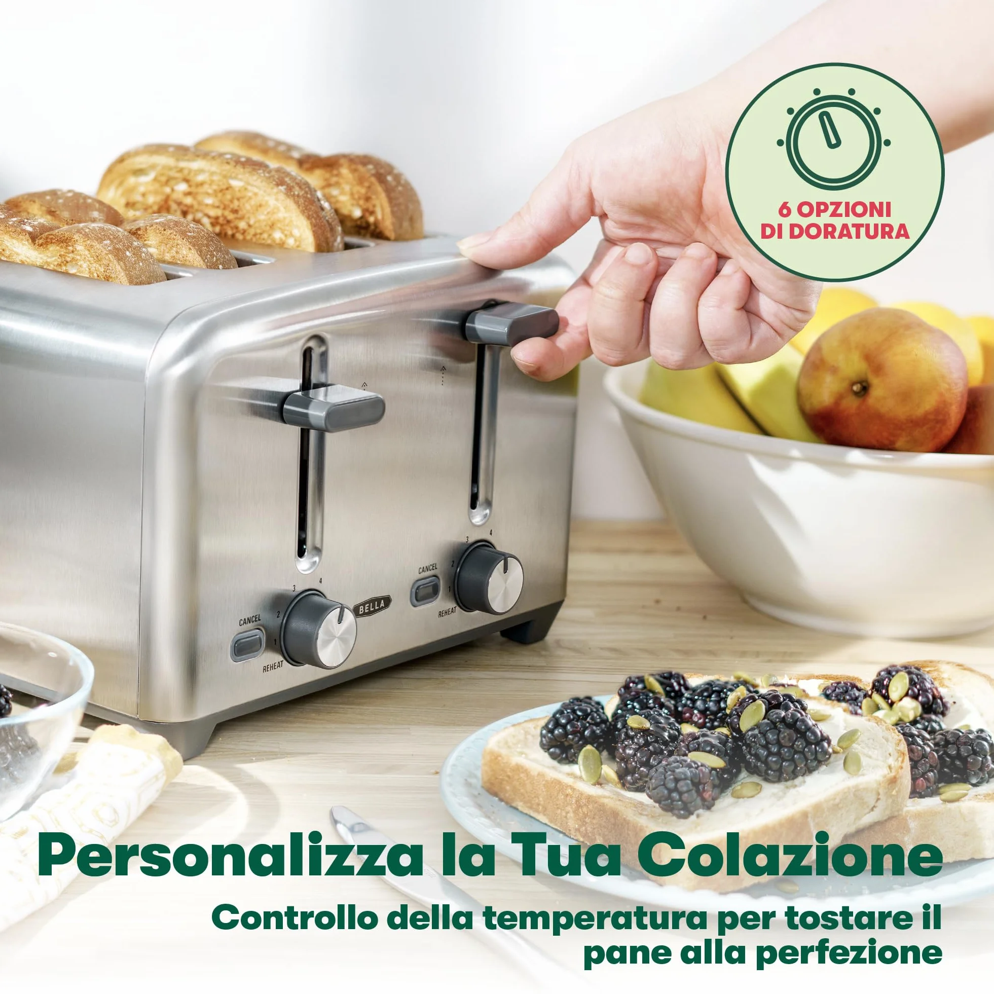 BELLA 4 Slice Toaster, Quick & Even Results Every Time, Wide Slots Fit Any Size Bread Like Bagels or Texas Toast, Drop-Down Crumb Tray for Easy Clean Up, Stainless Steel