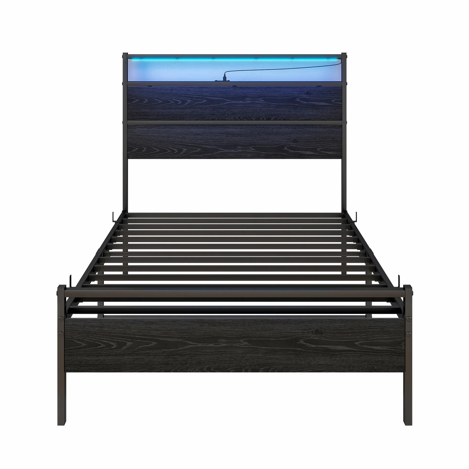Drewniana rama łóżka ze stacją ładującą i diodami LED, metalowa rama 90 x 200 cm, łóżko pojedyncze 90 x 200 cm, z zagłówkiem i metalowym stelażem, łóżko funkcyjne, łóżko dla gości, łóżko