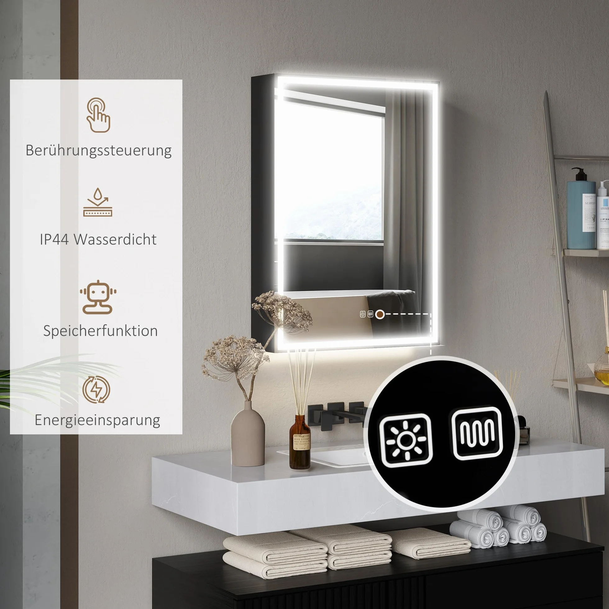 HOMCOM Szafka łazienkowa z lustrem z oświetleniem LED, szafka łazienkowa z lustrem, gniazdko, 50 x 12,8 x 70 cm, szafka wisząca z regulowaną półką, funkcja zapobiegająca zaparowaniu, 3 kolory światła