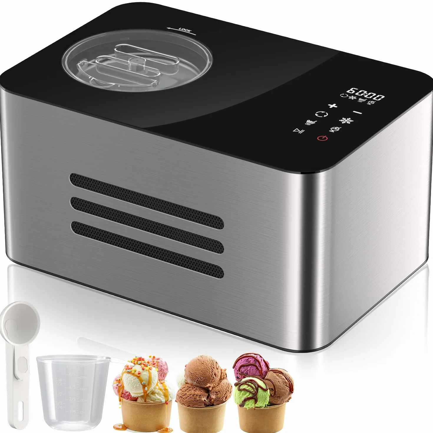 Vpcok Direct Maszyna do lodów z kompresorem,2L,150 W, Samonagrzewająca się Maszyna do Lodów, ze Stali Nierdzewnej, z 4 Trybami Produkcji, Wyświetlaczem LED, Panel Dotykowy do Lodów, Mrożonego