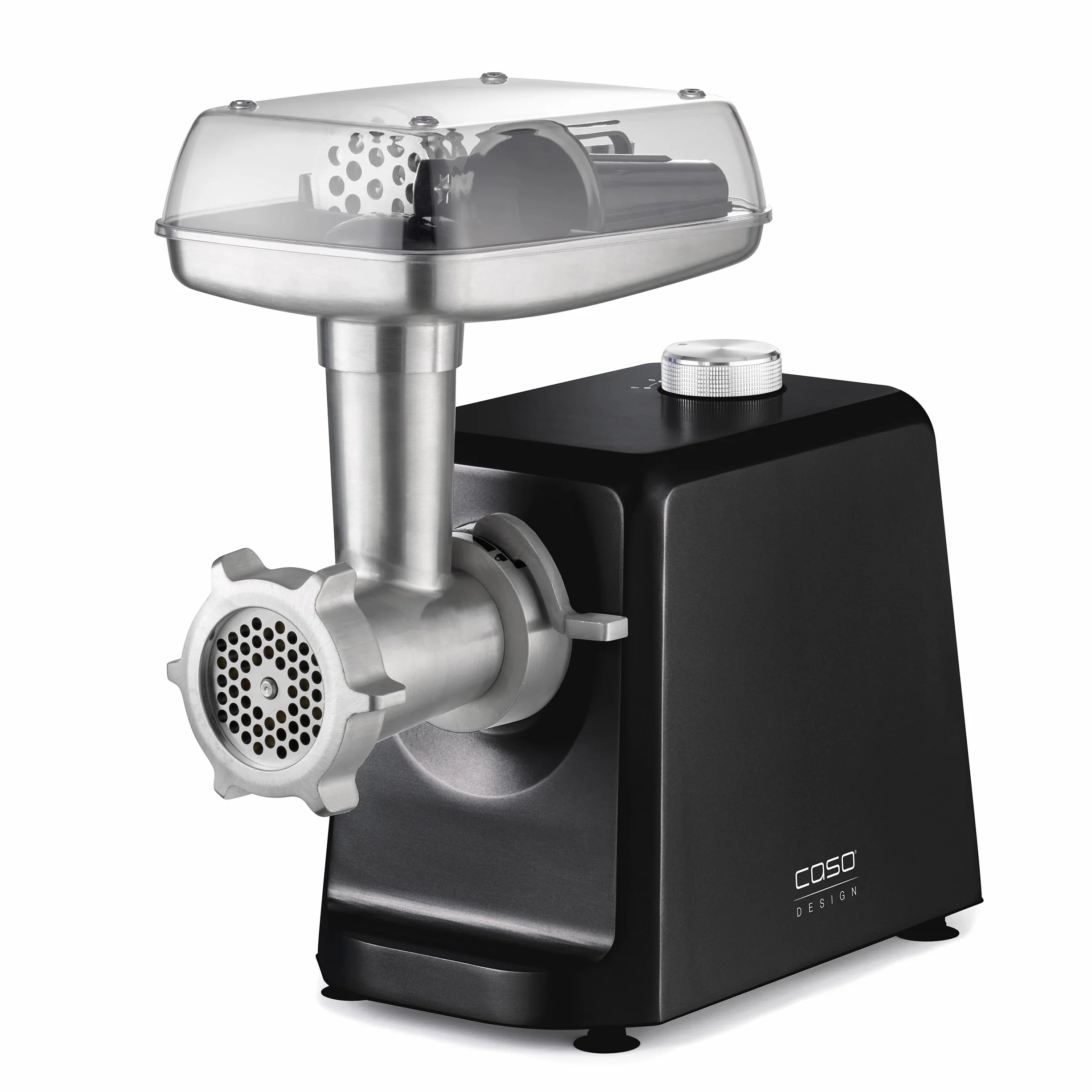 CASO FW 2500 Black, maszynka do mięsa z wydajnym silnikiem o mocy 2500 W, trwałe ostrze tytanowe, funkcja powrotu, bogate akcesoria w zestawie prasa do burgerów, cichy silnik DC