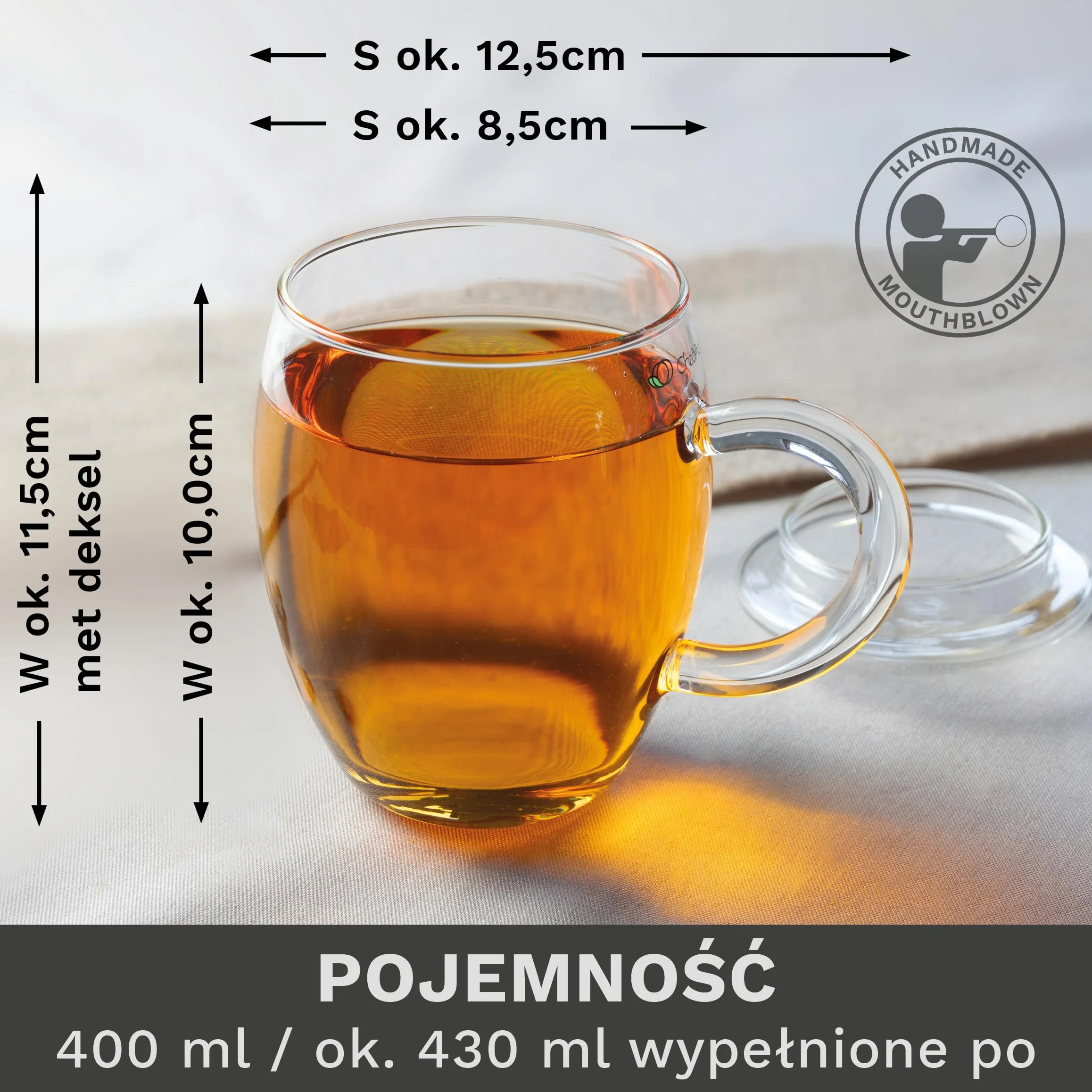 Creano Szklanka do herbaty All in one, duża filiżanka do herbaty z sitkiem i pokrywką ze szkła, 400 ml, idealny zaparzacz do herbaty