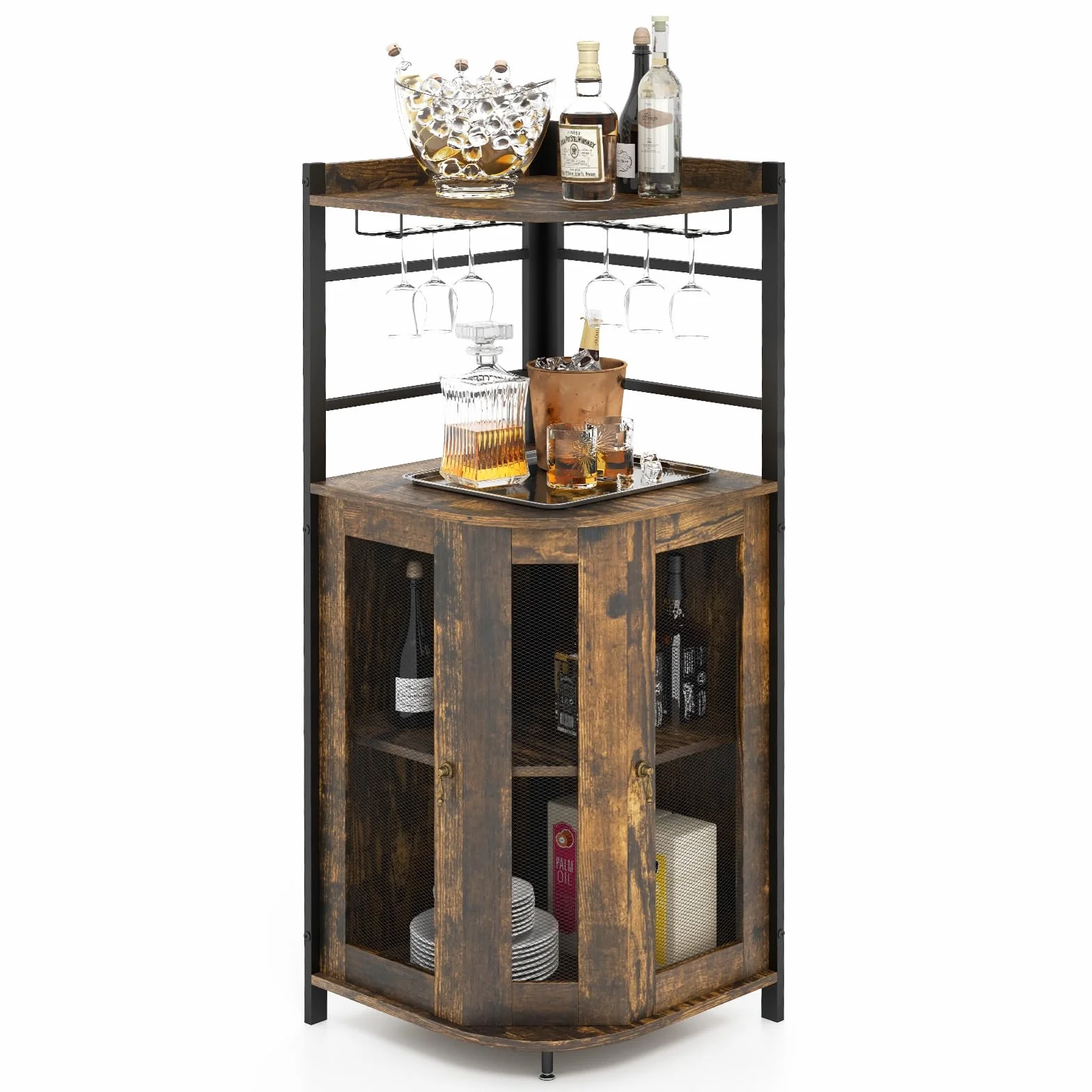 COSTWAY Industrialna szafka barowa, szafka na wino z uchwytem na szkło, bar domowy z metalowej ramy, szafka narożna do kuchni, 46 x 46 x 130 cm (ciemnobrązowa)