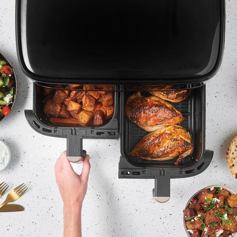 Russell Hobbs Frytkownica beztłuszczowa 9L Air Fryer [dwie komory/strefy, 9 programów] Satisfry (szuflady można myć w zmywarce, maks. 200℃, niski poziom hałasu, pieczenie bez oleju, 2800W) 27681-56
