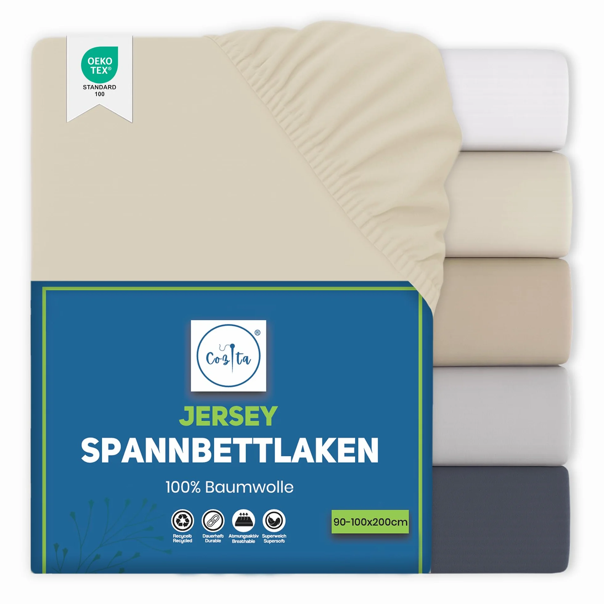 Basics prześcieradło z gumką 90 x 200 cm – 100% bawełna jersey, certyfikat Öko-Tex, wysokość materaca do 25 cm, kolor naturalny