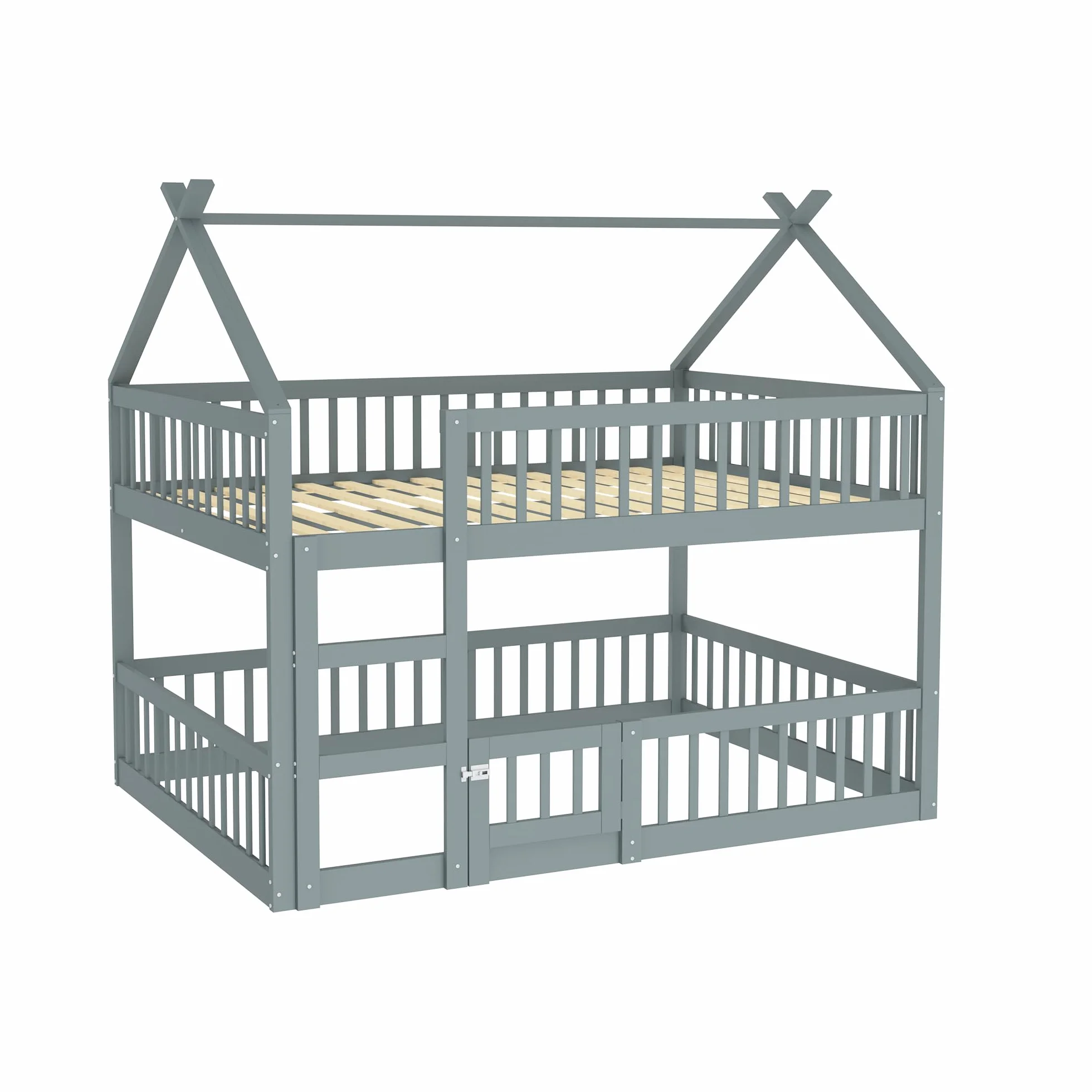 Dziecięce łóżko piętrowe 140 x 200, rodzinne łóżko dziecięce, ze schodami, styl loft, rama łóżka piętrowego z litego drewna, kolor szary