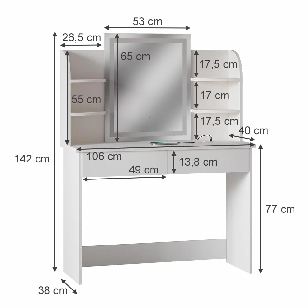 Vicco Toaletka "Charlotte", Biały, 106 cm z lusterkiem LED i stacją ładującą QI