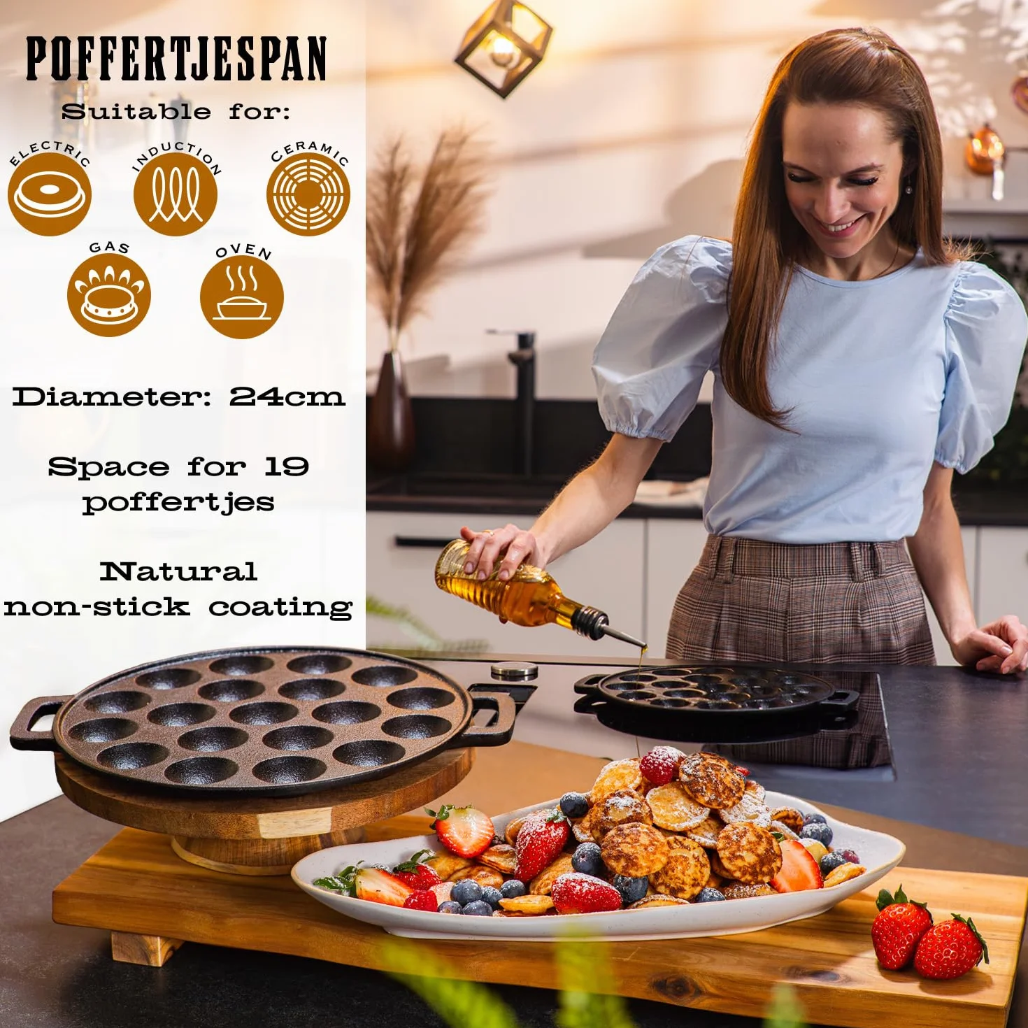 IRONO Patelnia do Poffertjes - Urządzenie do Poffertjes - 19 Mini Naleśników - Poffertjes Patelnia - Poffertjes Recipe - Żeliwna Patelnia - Zawiera Pędzel do Masła, Widelec, Butelka na Ciasto