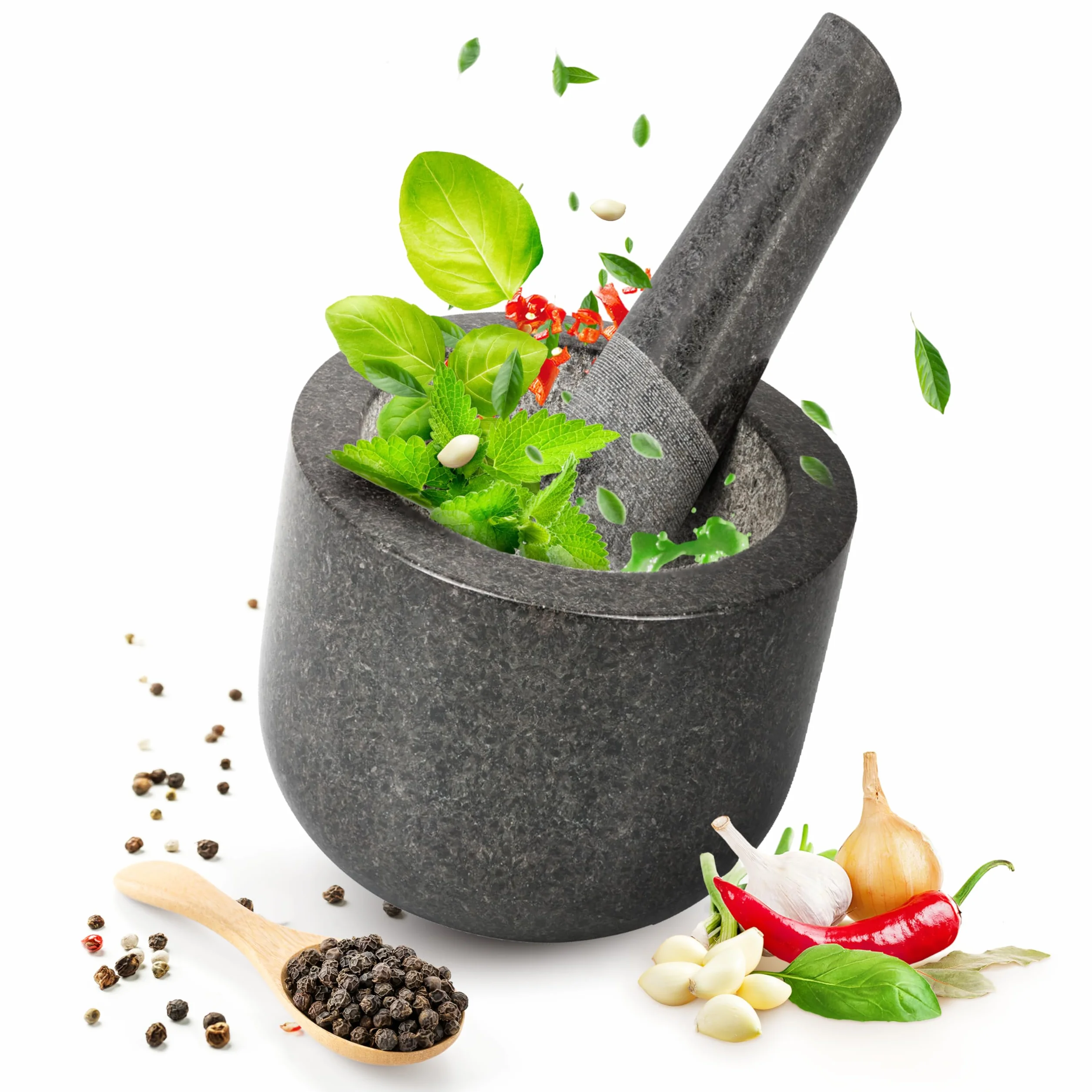 Smart-Planet Wysokiej jakości moździerz z tłuczkiem z granitu – poręczny masywny kamienny moździerz Ø 8,5 cm do przypraw pesto ziół – polerowany i łatwy w pielęgnacji
