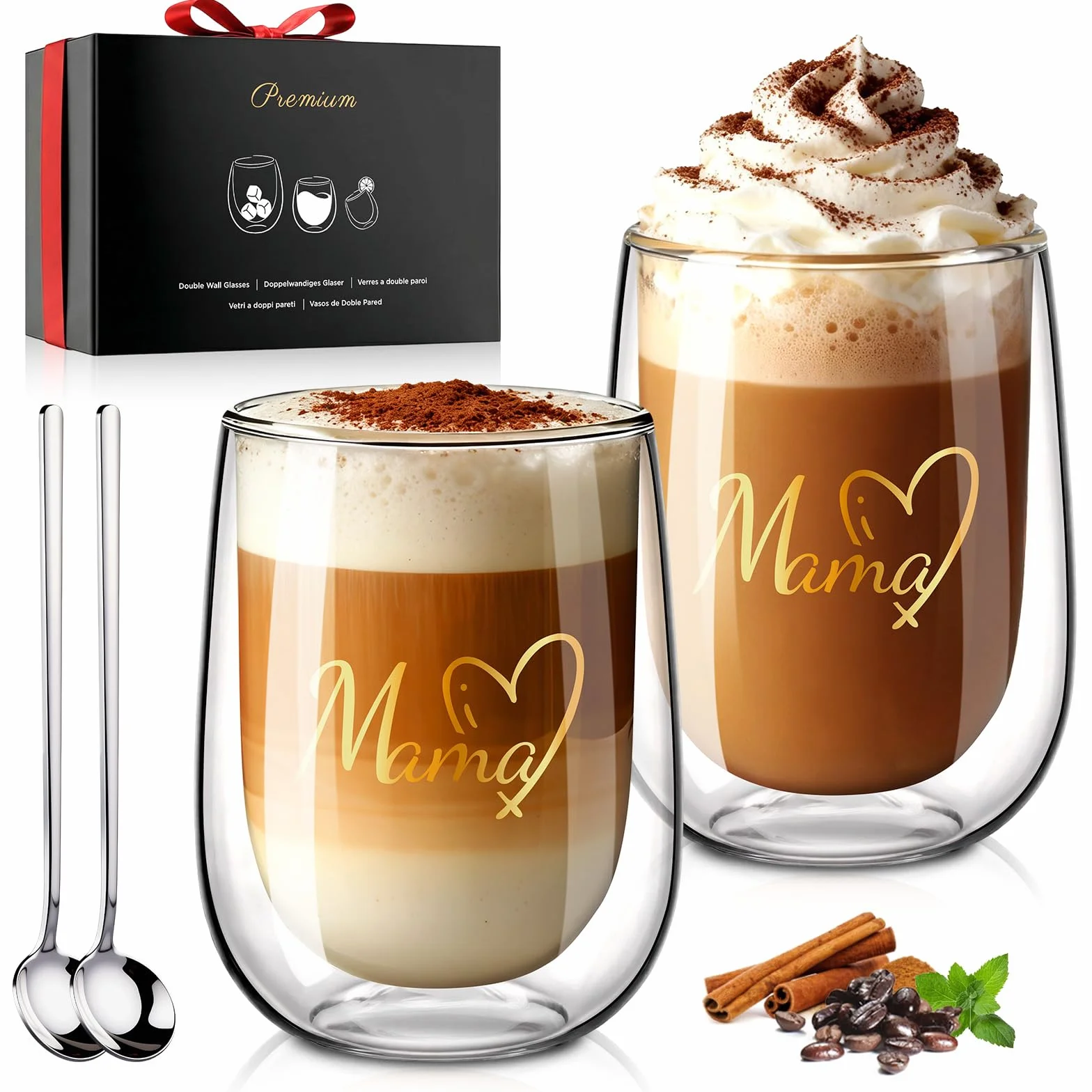 glastal Szklanki do latte macchiato Premium zestaw 2 szt. | MAMA | bez wysuszonego otworu - szklanki do kawy o podwójnych ściankach 350 ml, szklanki do kawy, na prezent dla mamy, na urodziny, Dzień