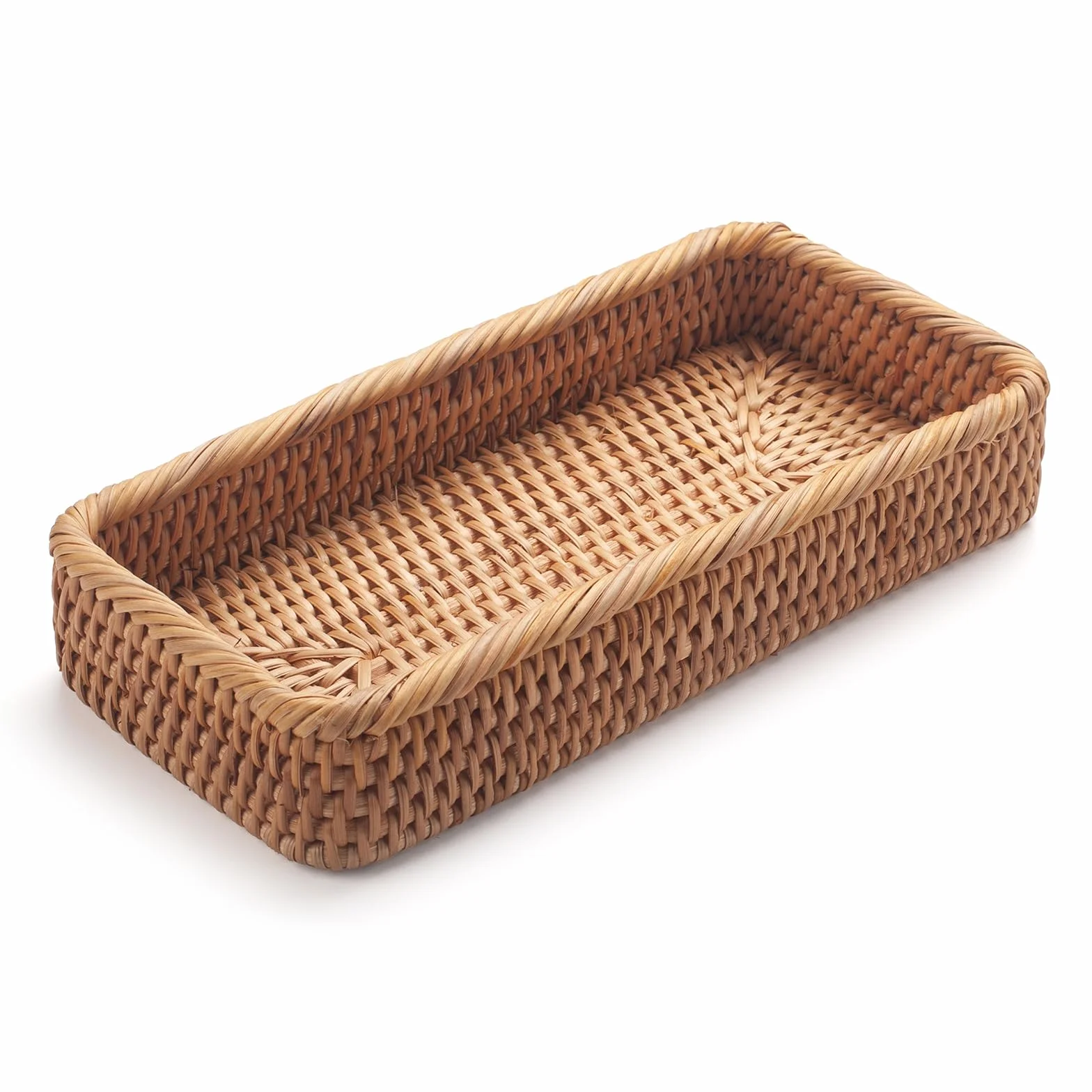 Rattanowe tace łazienkowe na toaletkę, kosze na zbiornik toaletowy długi wąski kosz do przechowywania ręczników do rąk, dekoracyjne (naturalne, 26 x 12,4 x 4,1 cm)