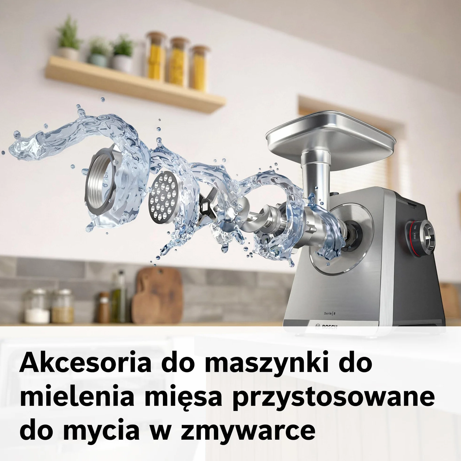 Bosch MultiPower Serie 8, maszynka do mielenia mięsa, moc blokowania silnika do 2500 W, młynek do mięsa, szatkownica, nasadka do kiełbas i kebbe, czarna, MFWS840M