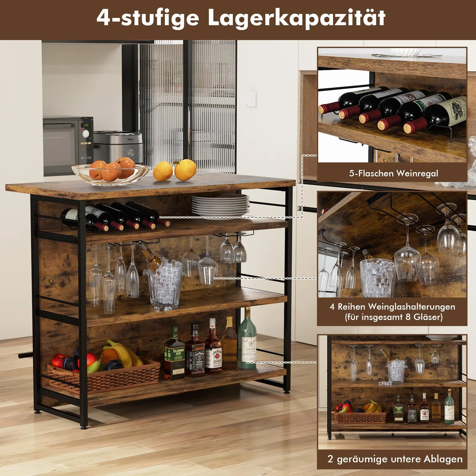 COSTWAY Domowy Bar, Regał Kuchenny z 4 Otwartymi Półkami, Stojak na Wino i Uchwyt na Kieliszki, 120 x 60 x 101 cm Rustykalny