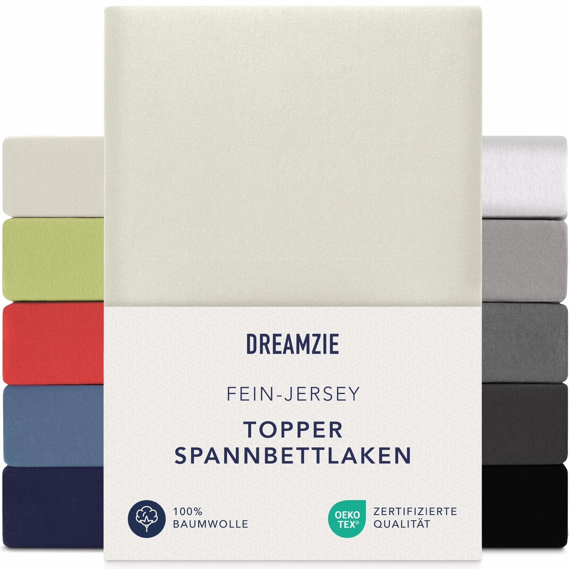 Dreamzie Premium Topper prześcieradło z gumką 180 x 200 cm – 200 x 200 cm – bardzo niska wysokość boku – na materac wierzchni – prześcieradło z gumką dżersej bawełna, 150 g/m² – Oeko-TEX – beżowe
