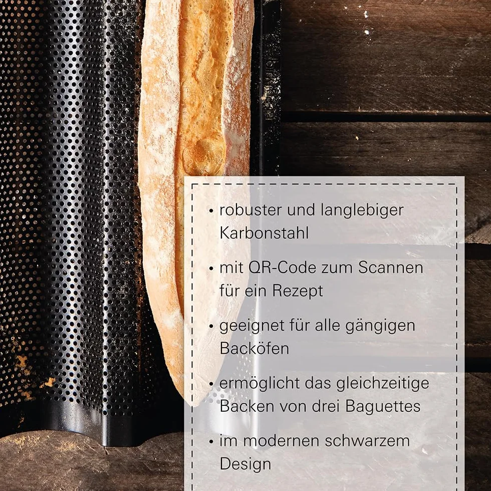 Birkmann, Bread Buddies, blacha do bagietek, perforowana forma do bagietek ze stali węglowej na 3 bagietki z powłoką zapobiegającą przywieraniu i pomysłem na przepisy kulinarne, 331006