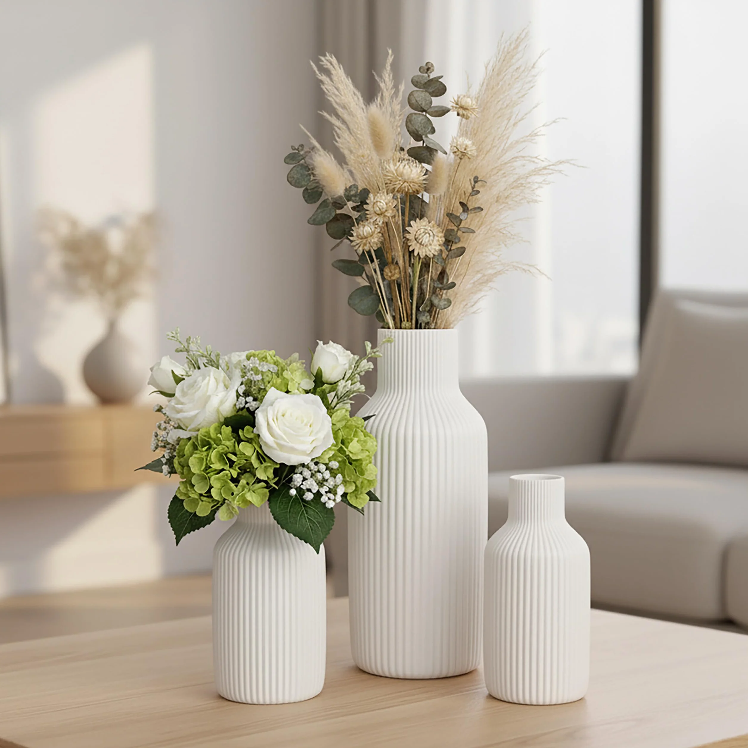 Relaxdays Zestaw 3 wazonów, wazony na kwiaty, 3 rozmiary, świeże i suszone kwiaty, dekoracja ceramiczna, dekoracja stołu, biały