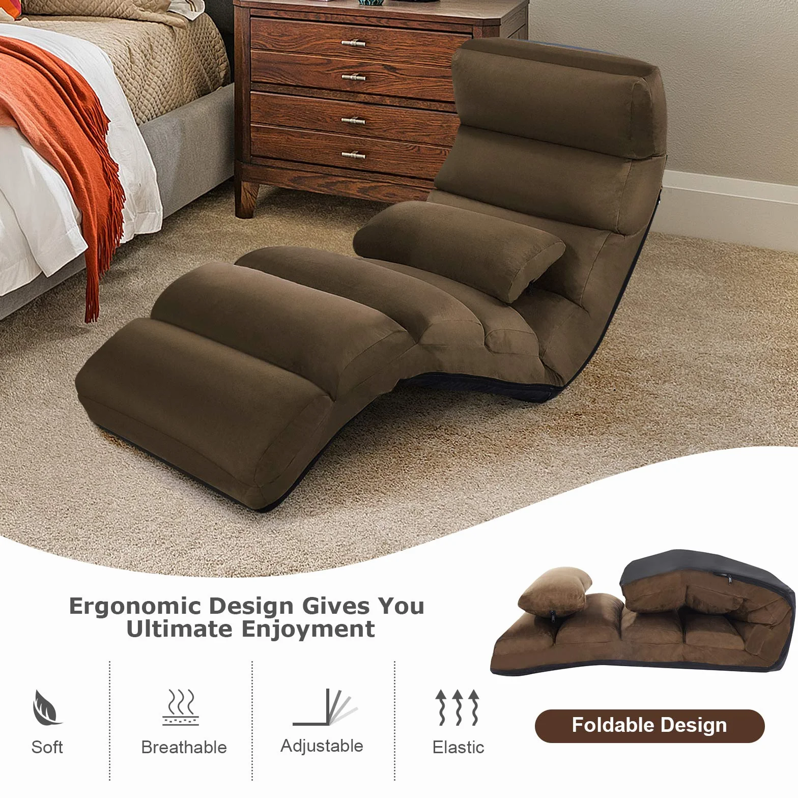 LIFEZEAL Sofa podłogowa składana, leżak bujany, regulowany w 5 pozycjach, krzesło podłogowe, fotel podłogowy z poduszkami, maksymalna nośność 105 kg (kawowa)