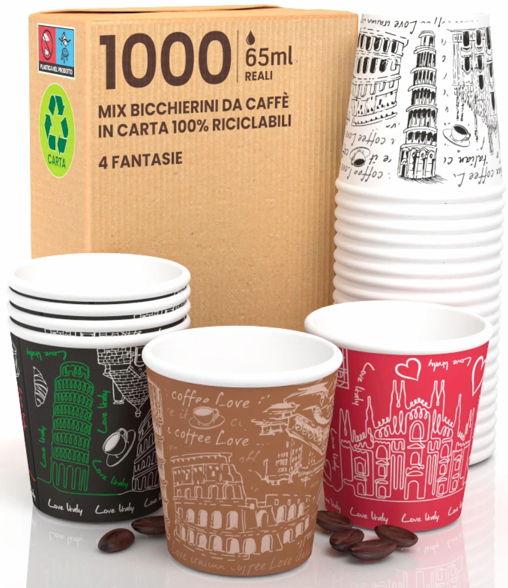1000 kubki papierowe do kawy 65ml MIX Italy Ekologiczne kubki biodegradacyjne jednorazowe małe na wynos gorące napoje
