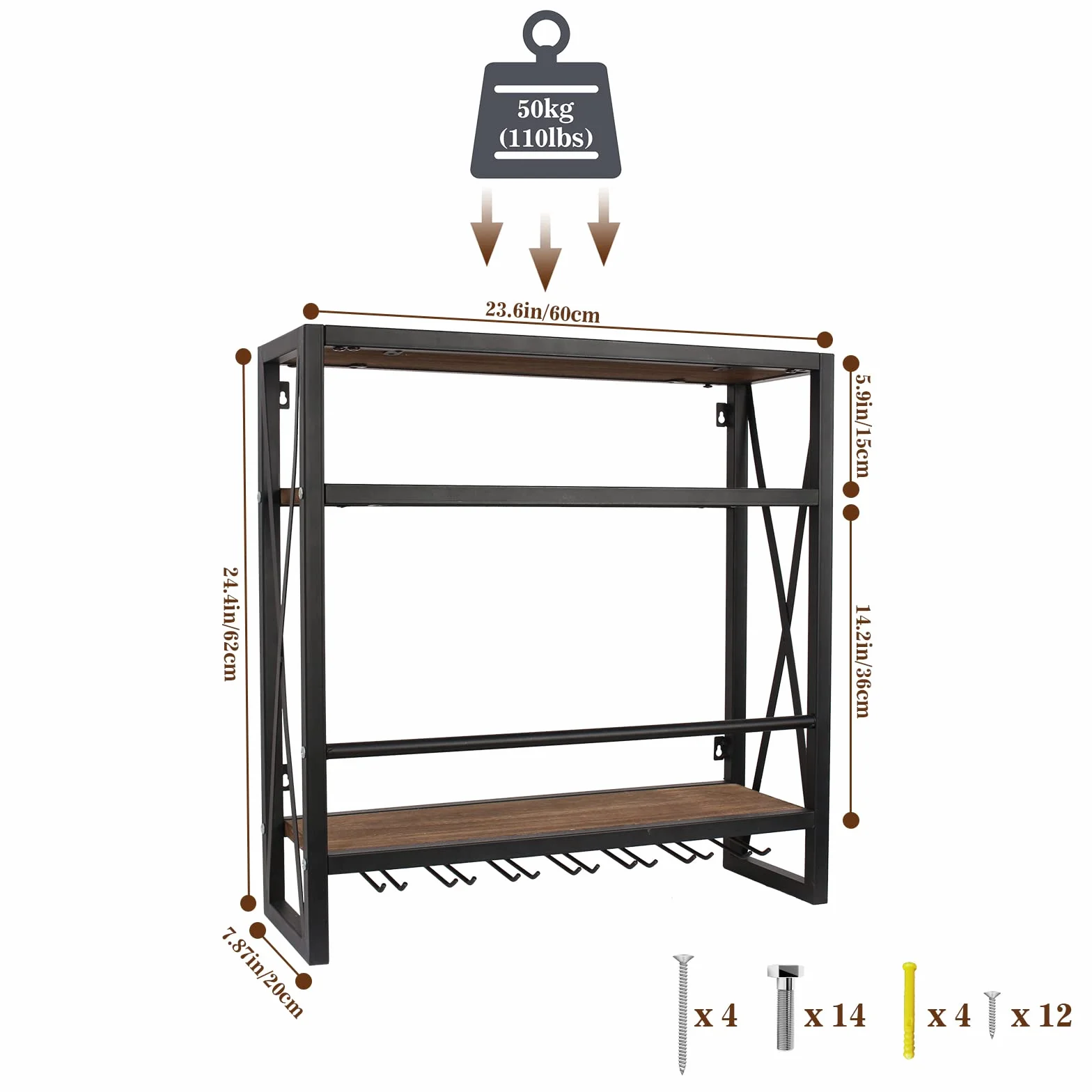 Todeco Naścienny stojak na wino 3-poziomowa drewniana półka metalowa rama 60 cm
