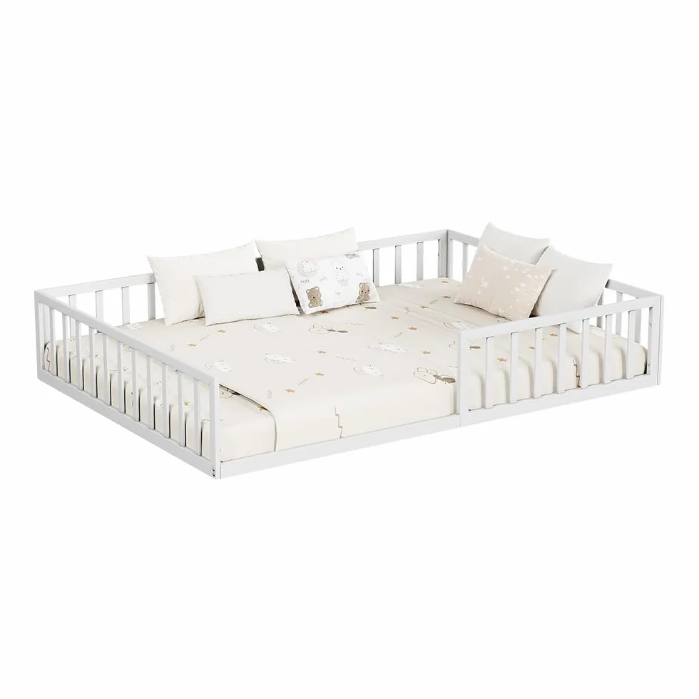 VitaliSpa Łóżko podłogowe Minno 140x200, łóżko dziecięce z metalu, łóżko Montessori z barierką zabezpieczającą, niska wysokość wejścia, biały