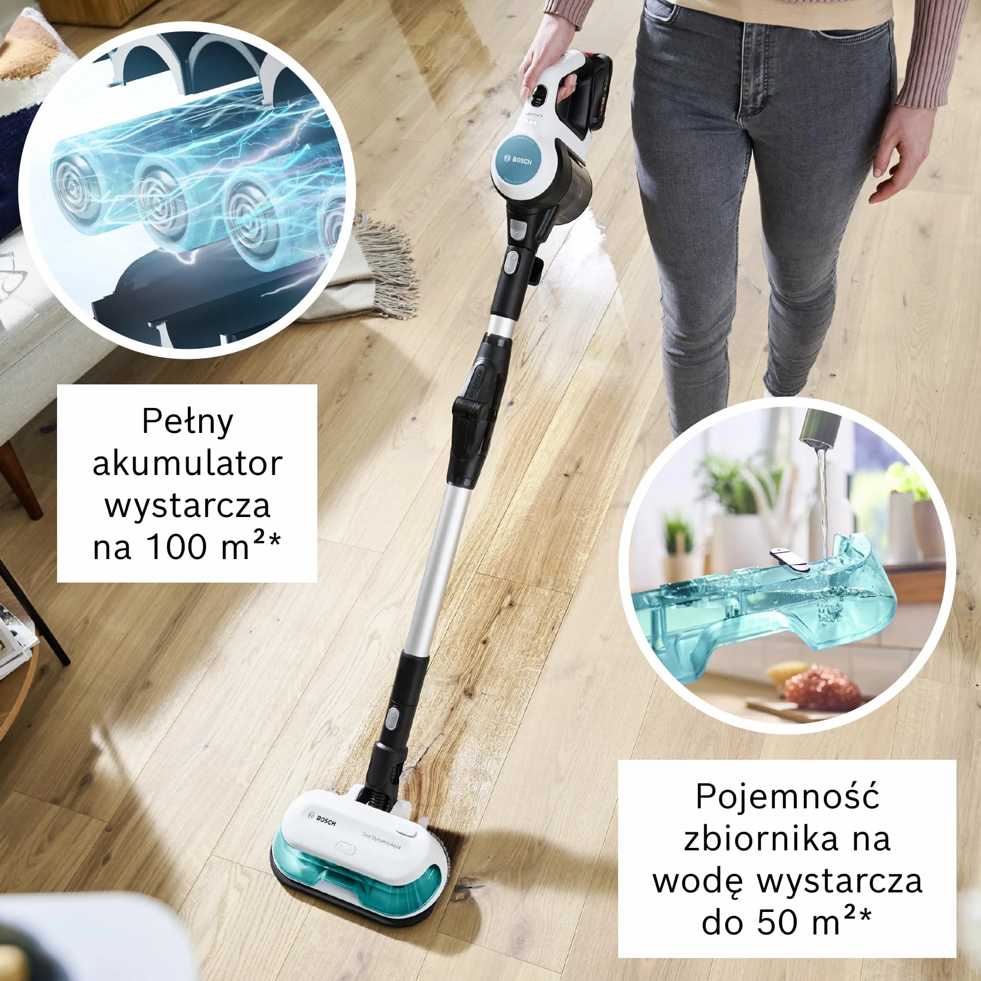 Bosch Unlimited 7 ProHygienic Aqua, Odkurzacz Bezprzewodowy 2w1 z Funkcją Mycia, DynamicAqua Mop, Elektroszczotka do Wszystkich Podłóg, Kolor Biały, BCS71HYG2
