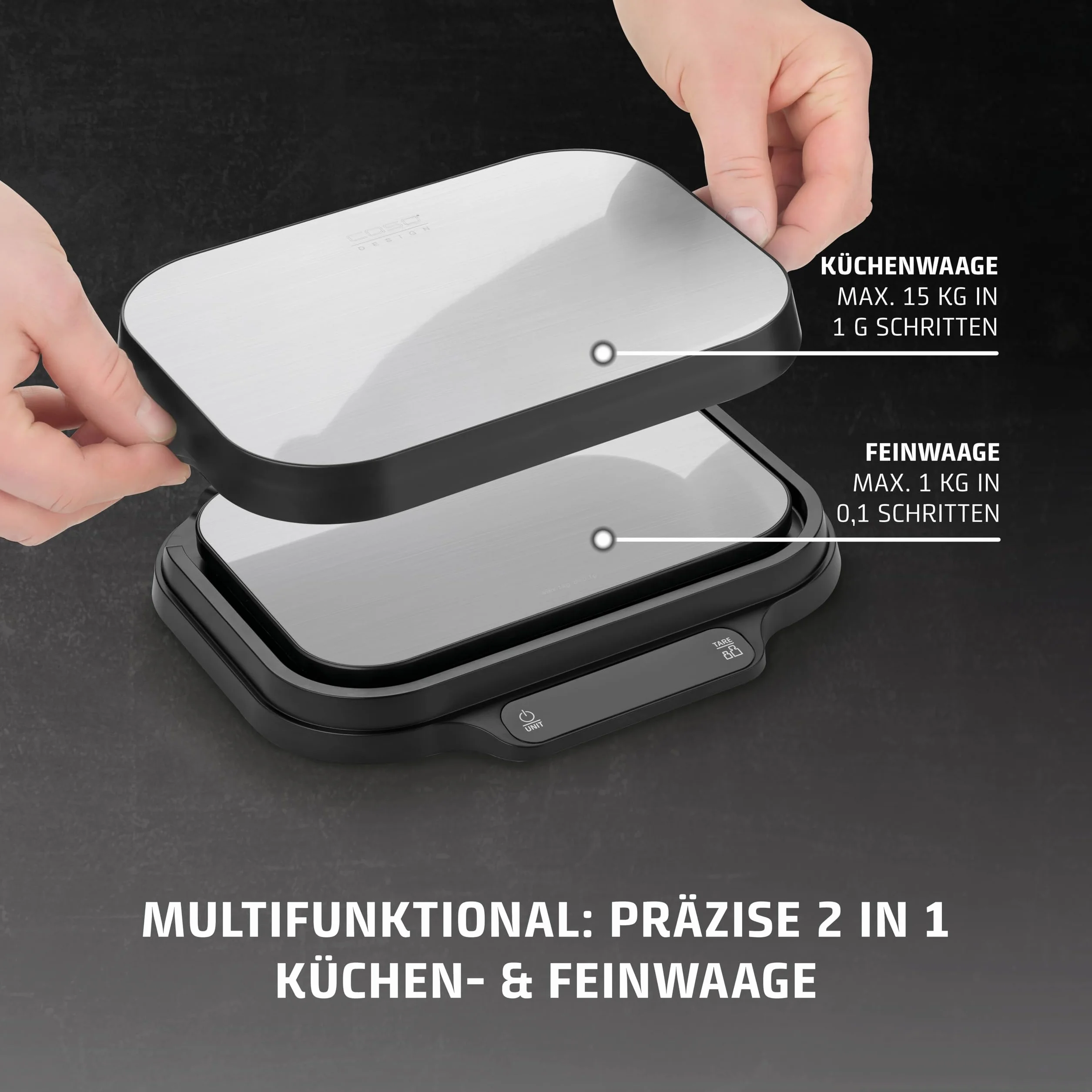 CASO KitchenDuo – waga kuchenna 2 w 1, w zestawie waga precyzyjna, normalna skala ważenia 15 kg w odstępach 1 g, waga precyzyjna do 1 kg w odstępach 0,1 g, funkcja trzymania, gram, oz, ml,